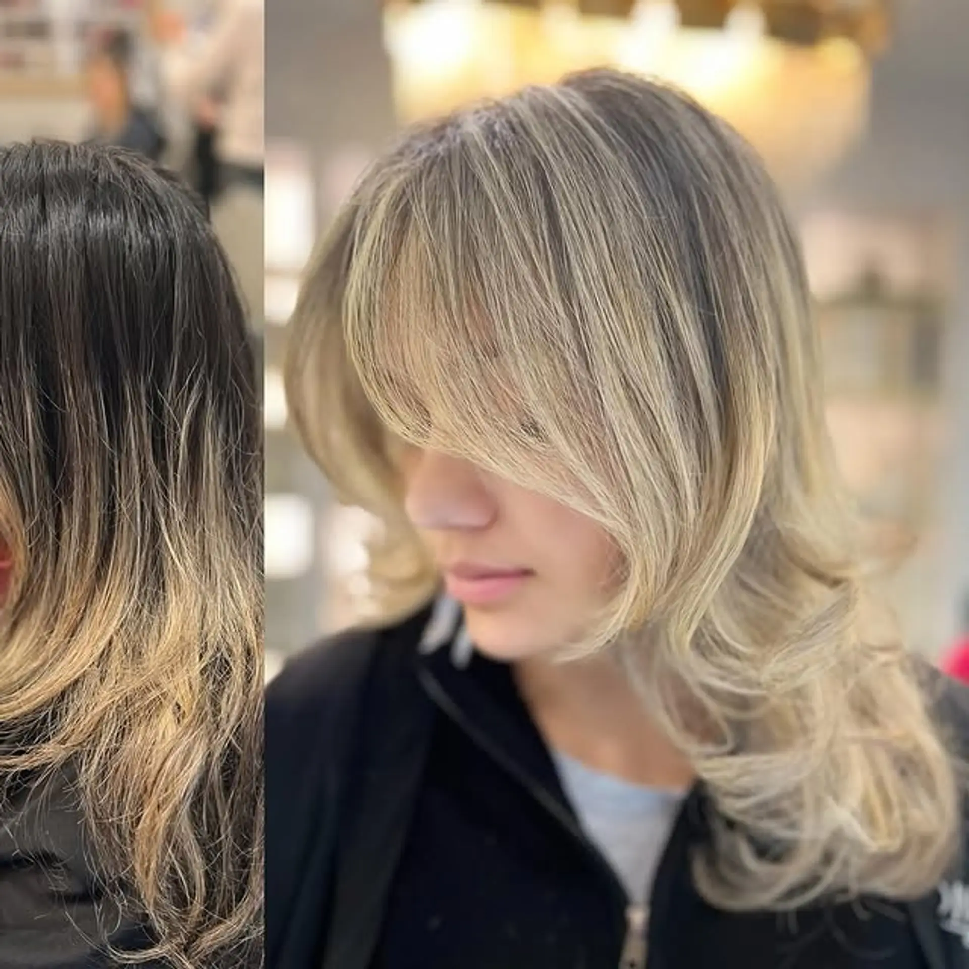 A shaggy, layered bob with face-framing layers and wispy curtain bangs. 1