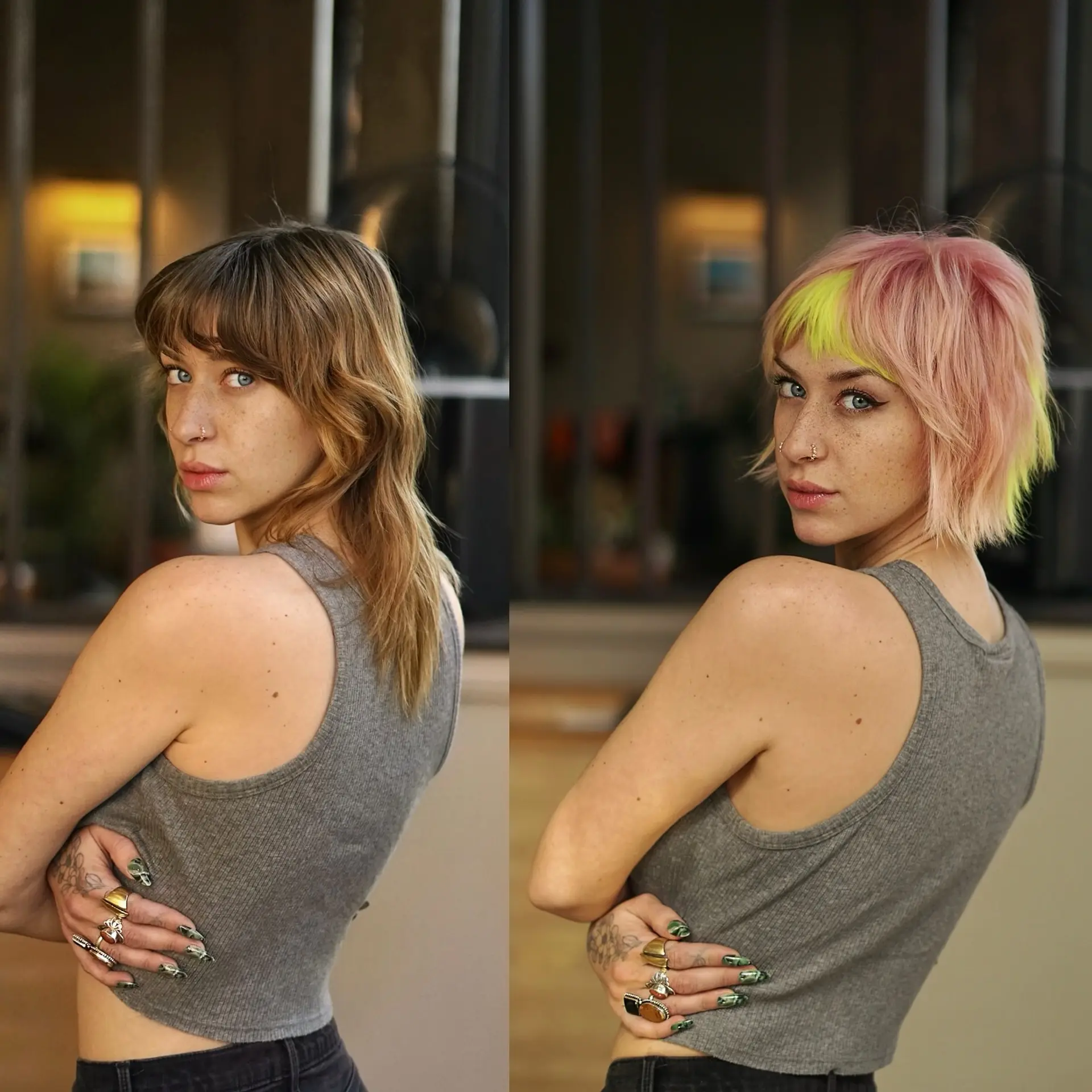 A dramatic before-and-after transformation into a textured short bixie cut with pastel pink and neon yellow accents. 1