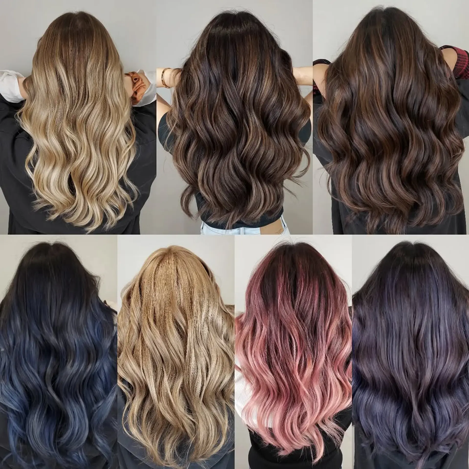 A collection of long, wavy hair styles featuring various balayage techniques and vibrant fashion colors. 1