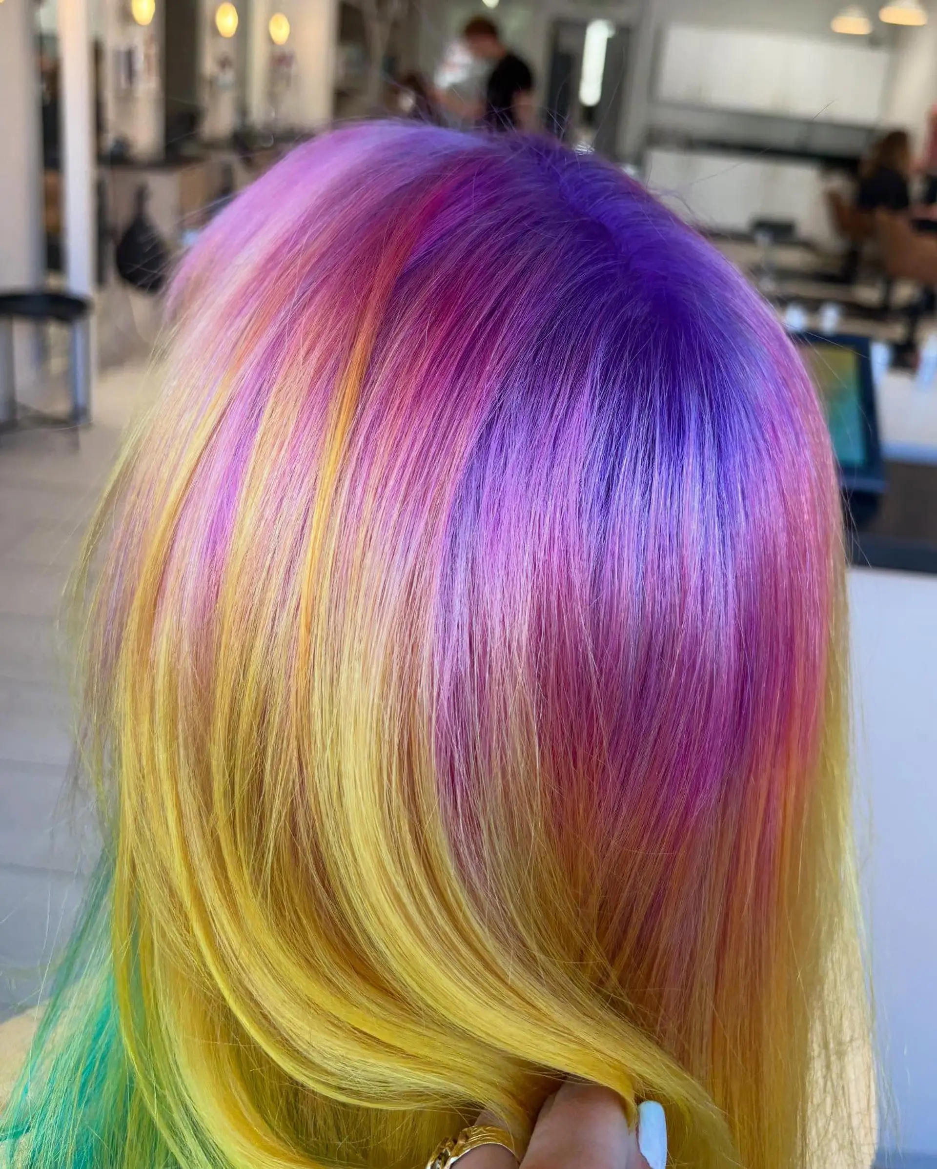 A vibrant vivid color melt featuring blended tones of violet purple, magenta, pastel pink, bright yellow, and hints of teal green. 1