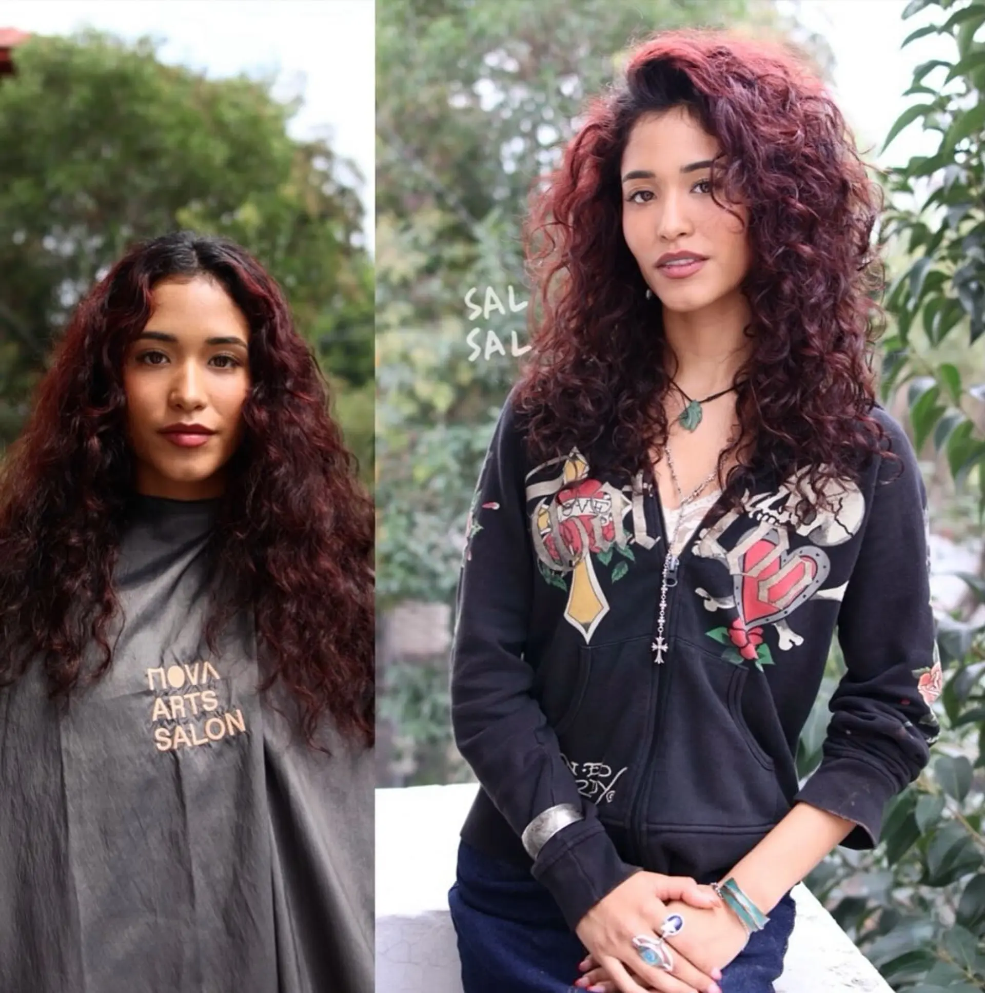 A layered, voluminous curly haircut styled with a deep side sweep and defined, bouncy ringlets. 1