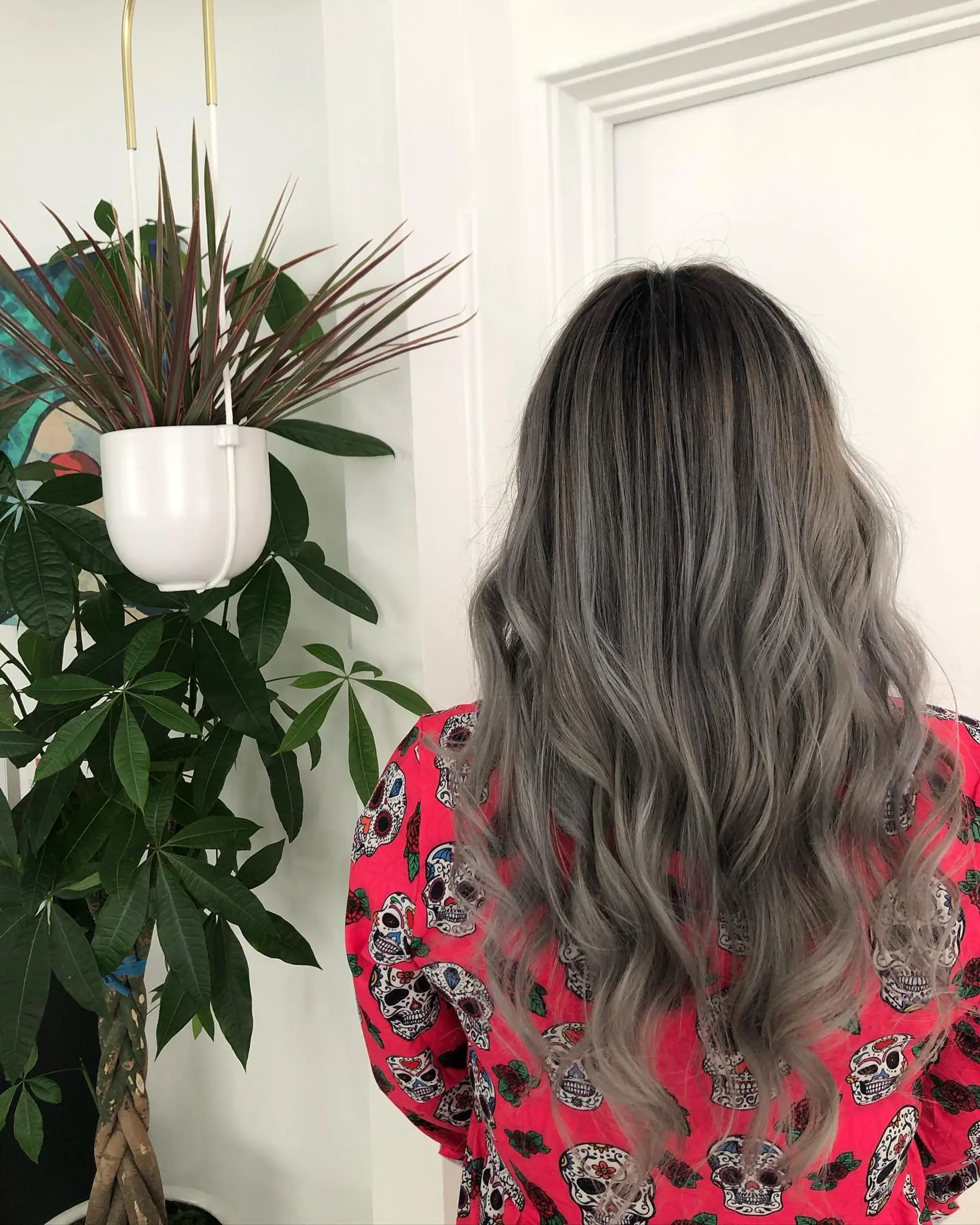 Long hair colored in a smoky ash grey balayage from dark roots, styled into gentle loose waves. 1