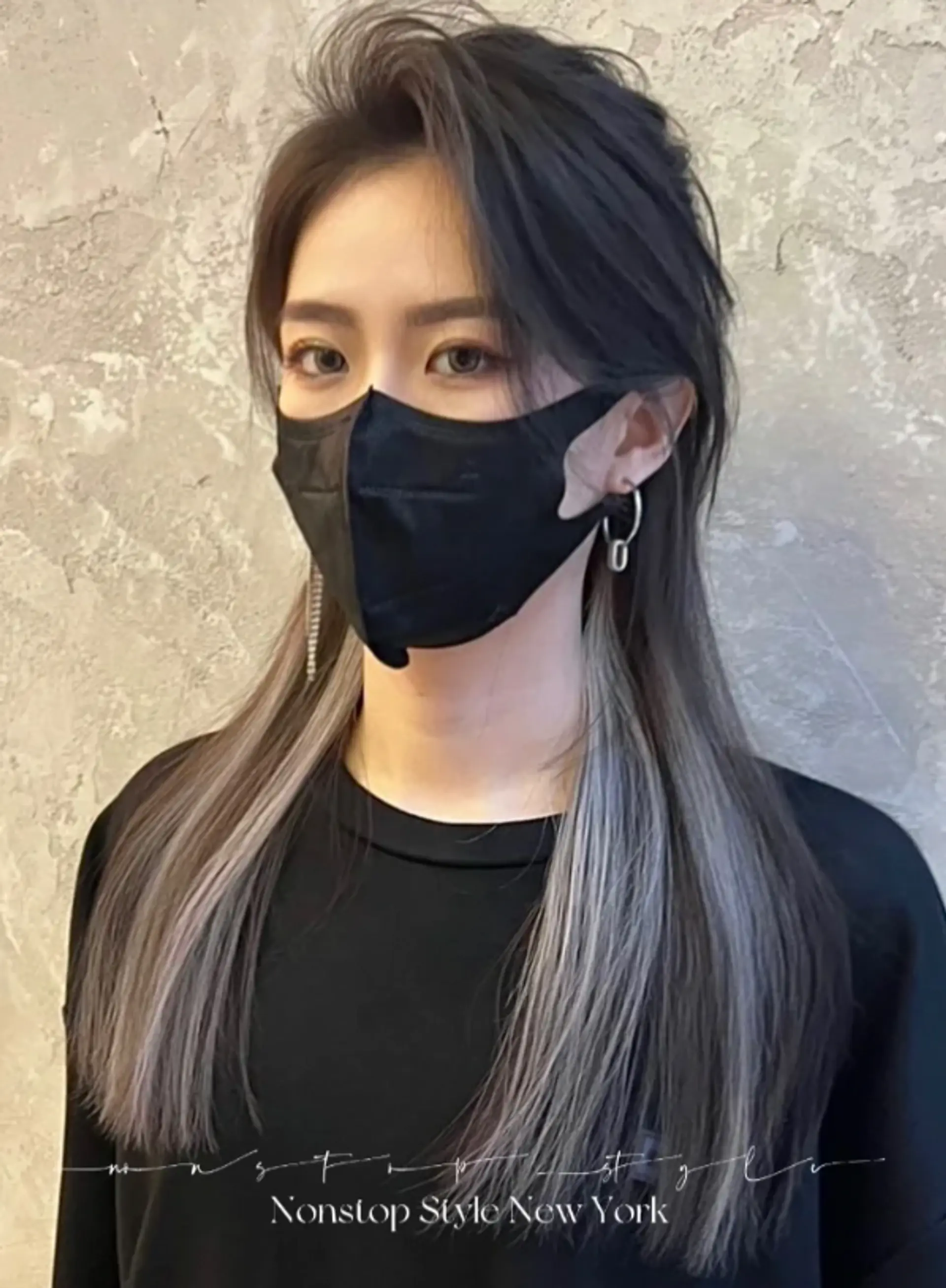 A long, straight hairstyle with layered precision, featuring a voluminous crown and an elegant gray ombre transitioning from black roots. The hair cascades smoothly with a slightly tousled finish, giving it a chic, street-style vibe.
(NonstopStyle: by Ben) 2