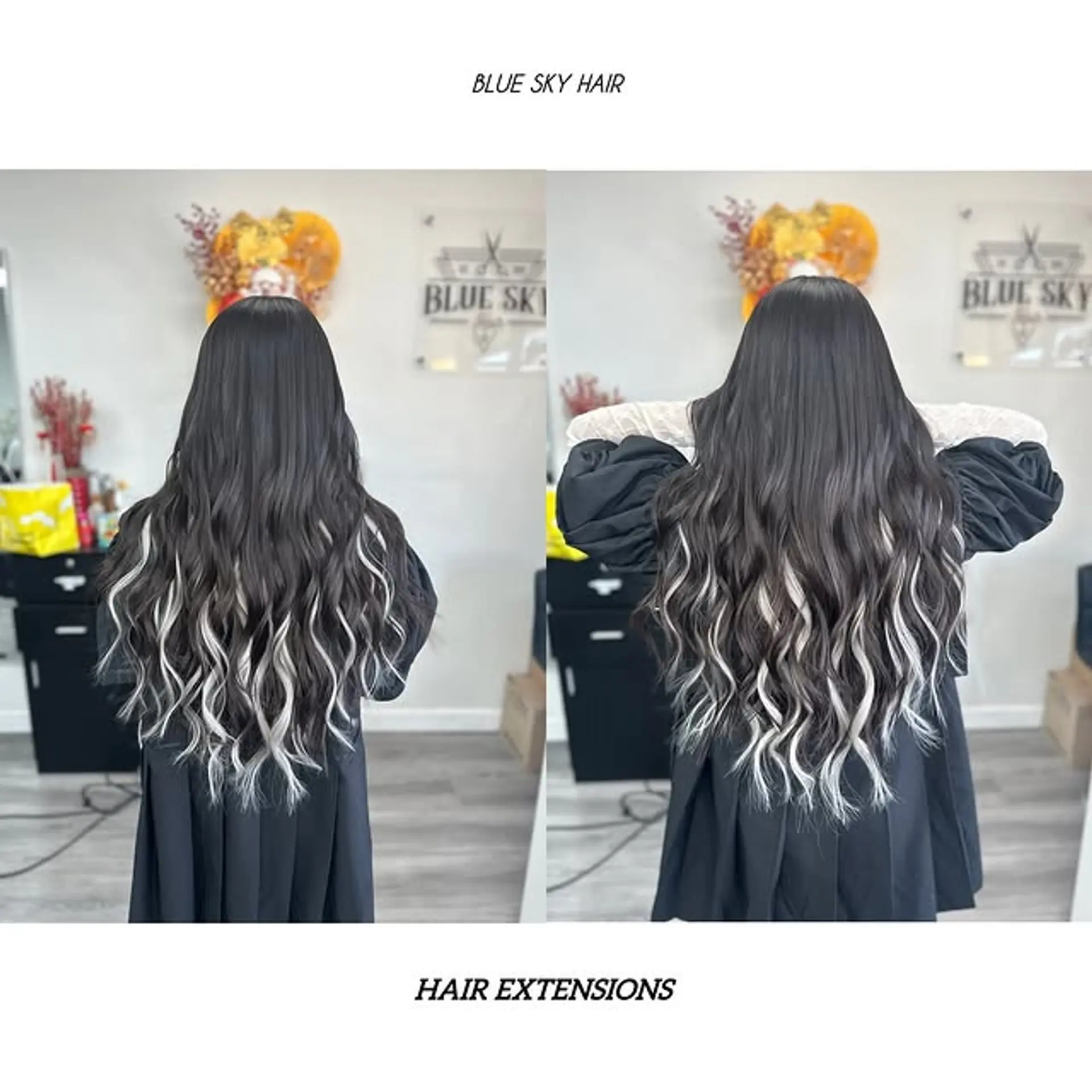 Long wavy hair with chunky white highlights that frame the face. 1