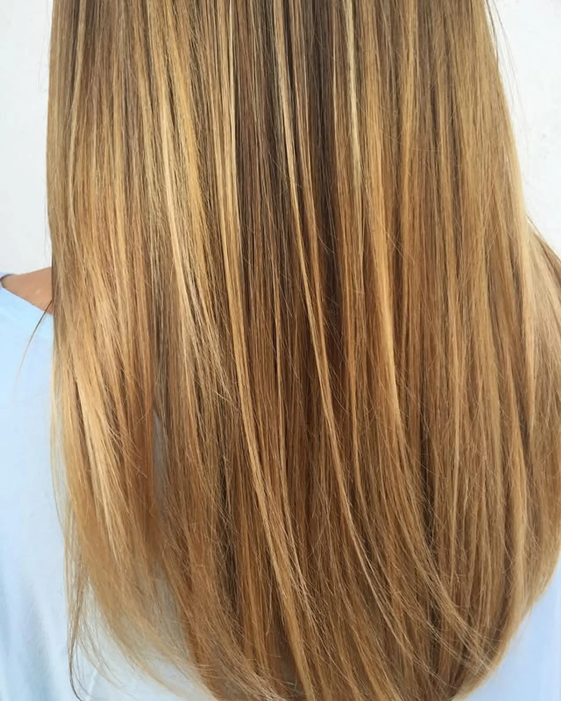 Long, straight hair with golden blonde highlights. 1