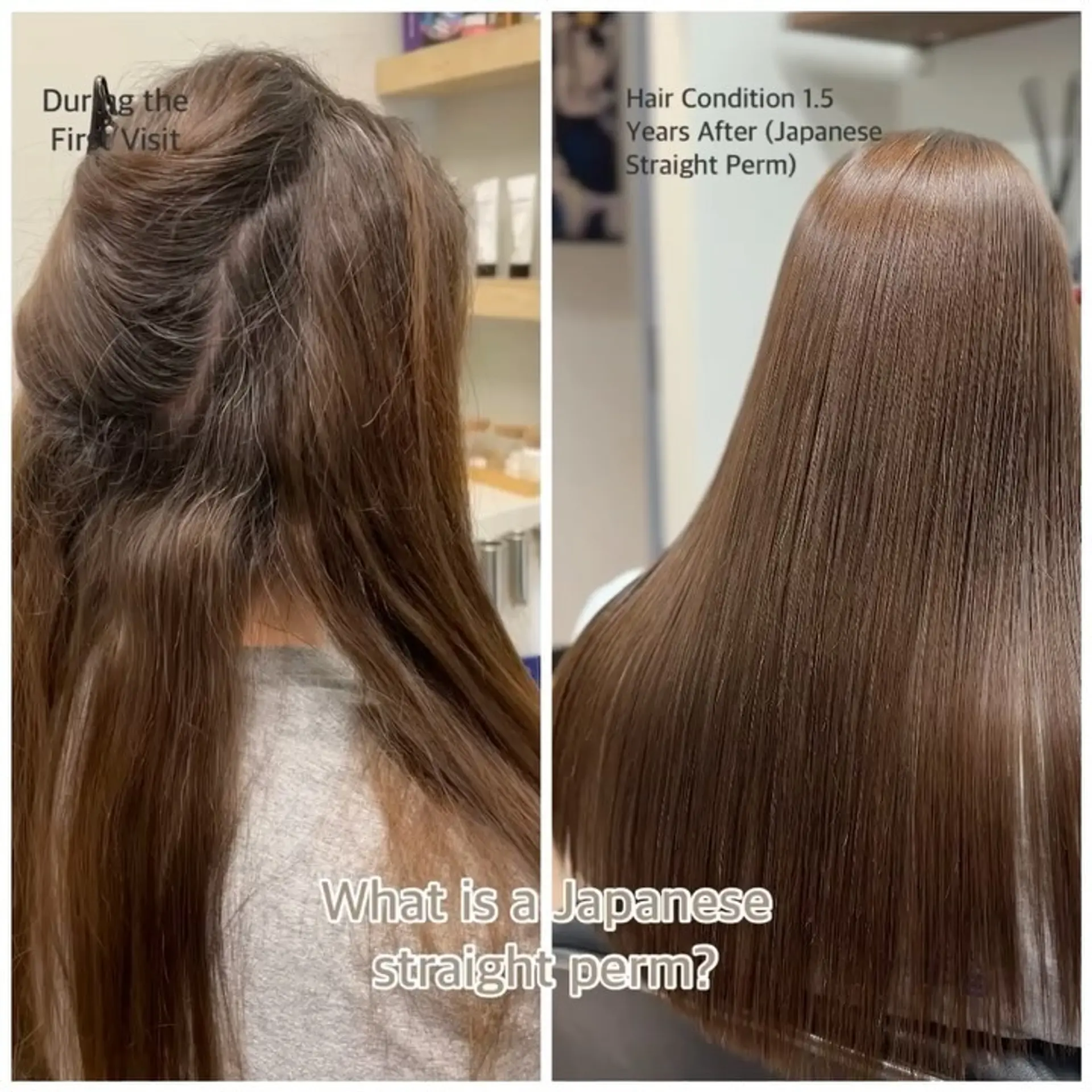 Ultra-sleek, glossy, pin-straight long brown hair following a Japanese straightening treatment. 1