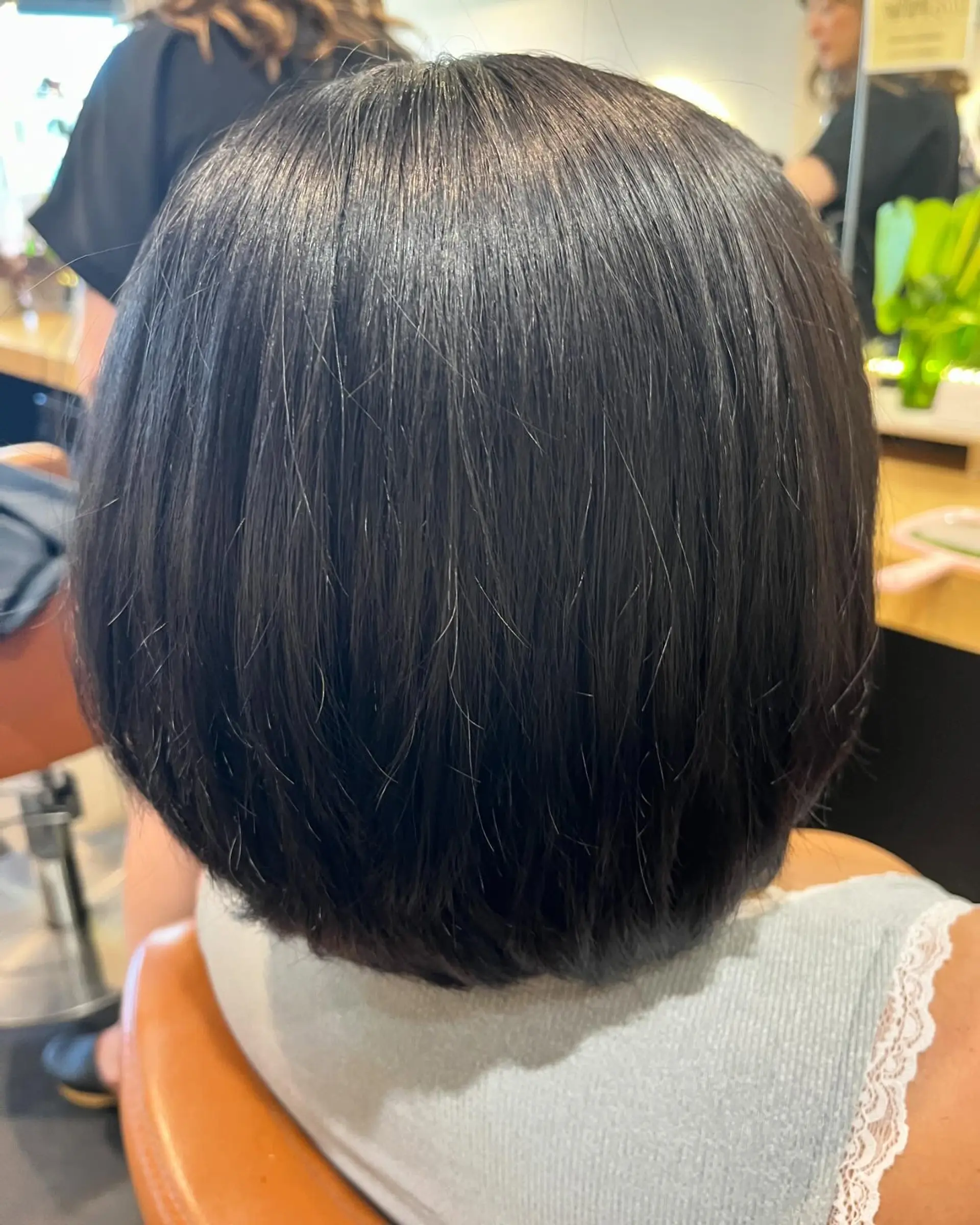 A sleek, rounded classic bob haircut on glossy dark hair with soft, turned-under ends at the nape. 1