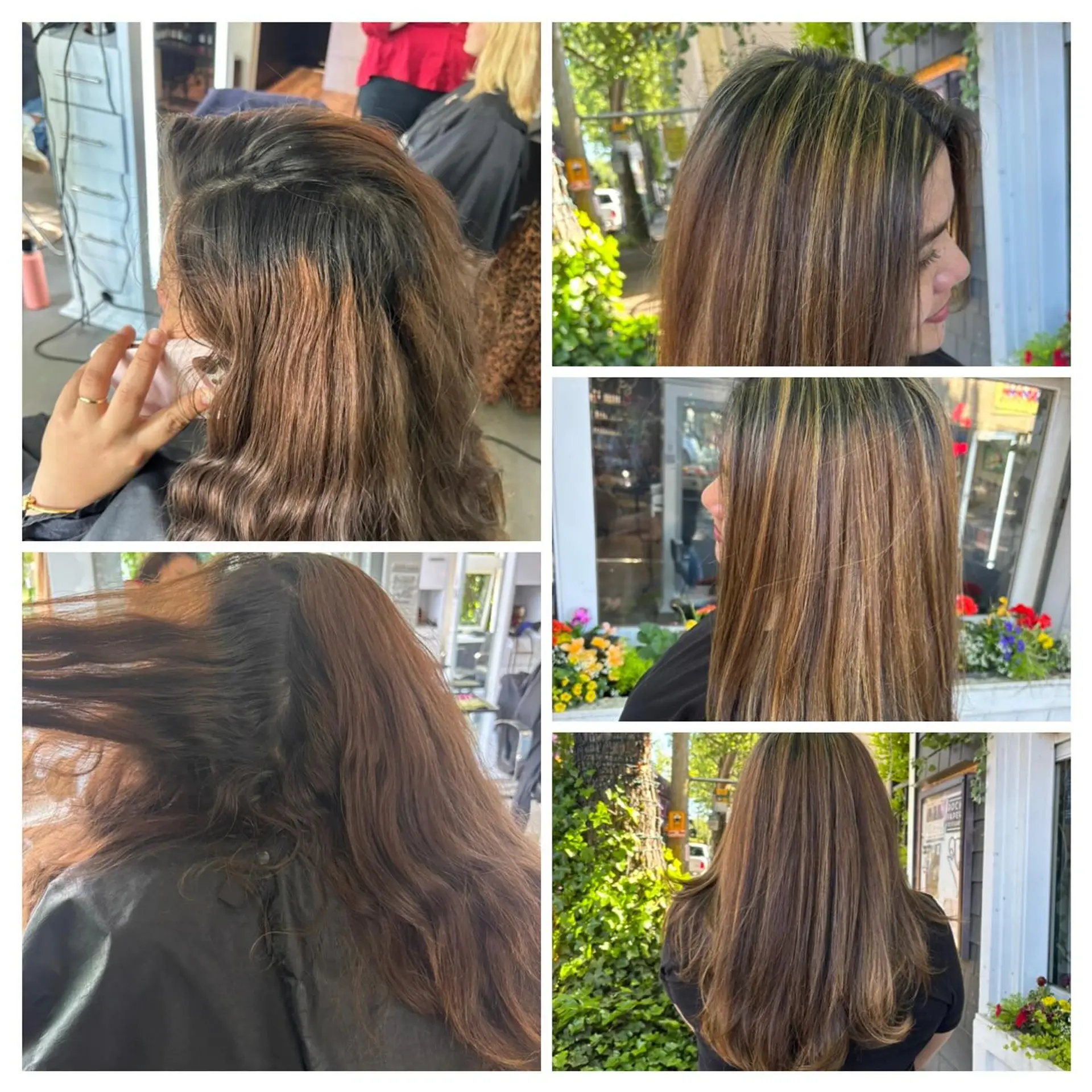 Long dark brown hair enhanced with seamless warm caramel and golden foil highlights, styled into a smooth blowout. 1