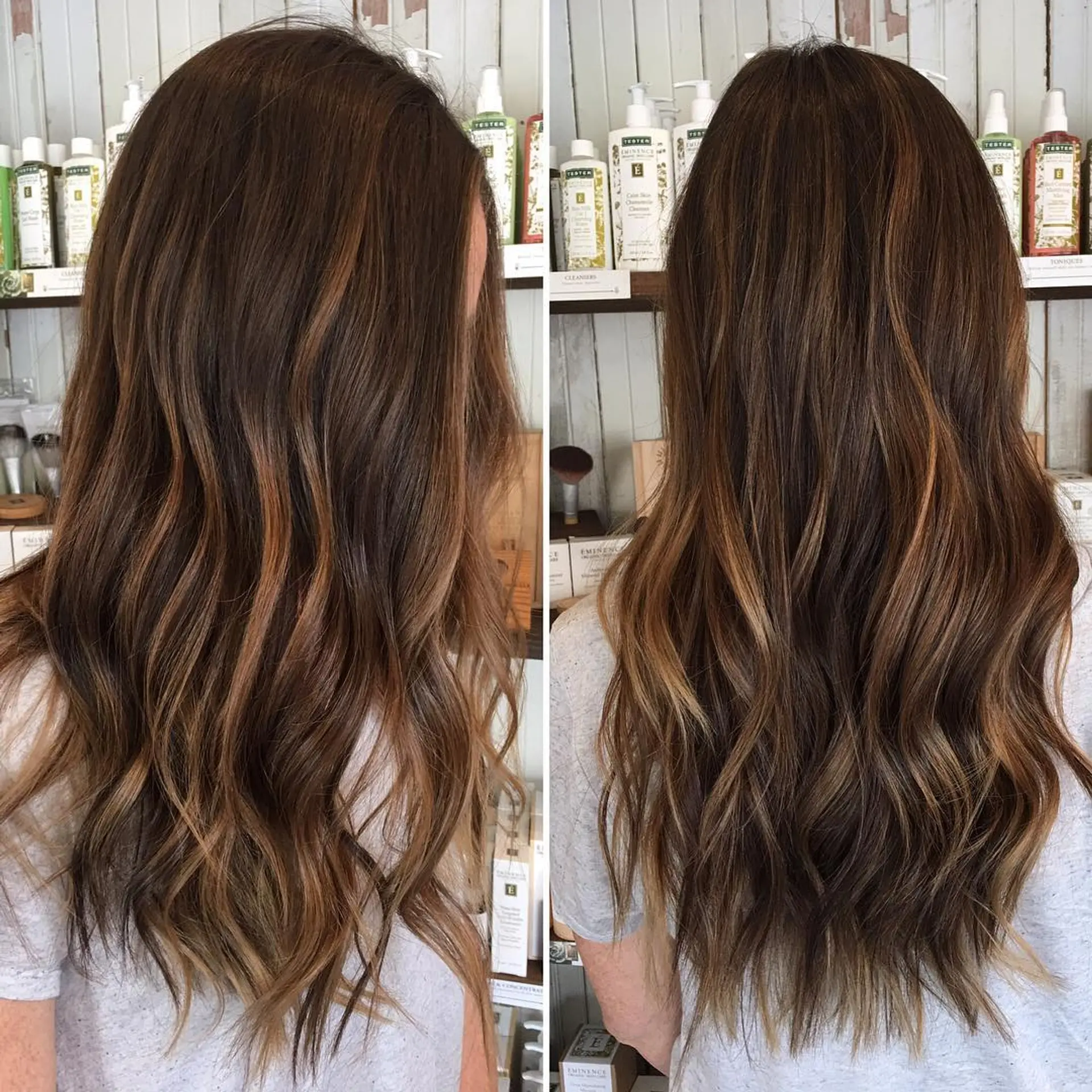 A rich dark brown base seamlessly blended with warm caramel balayage highlights, styled in loose, cascading waves. 1