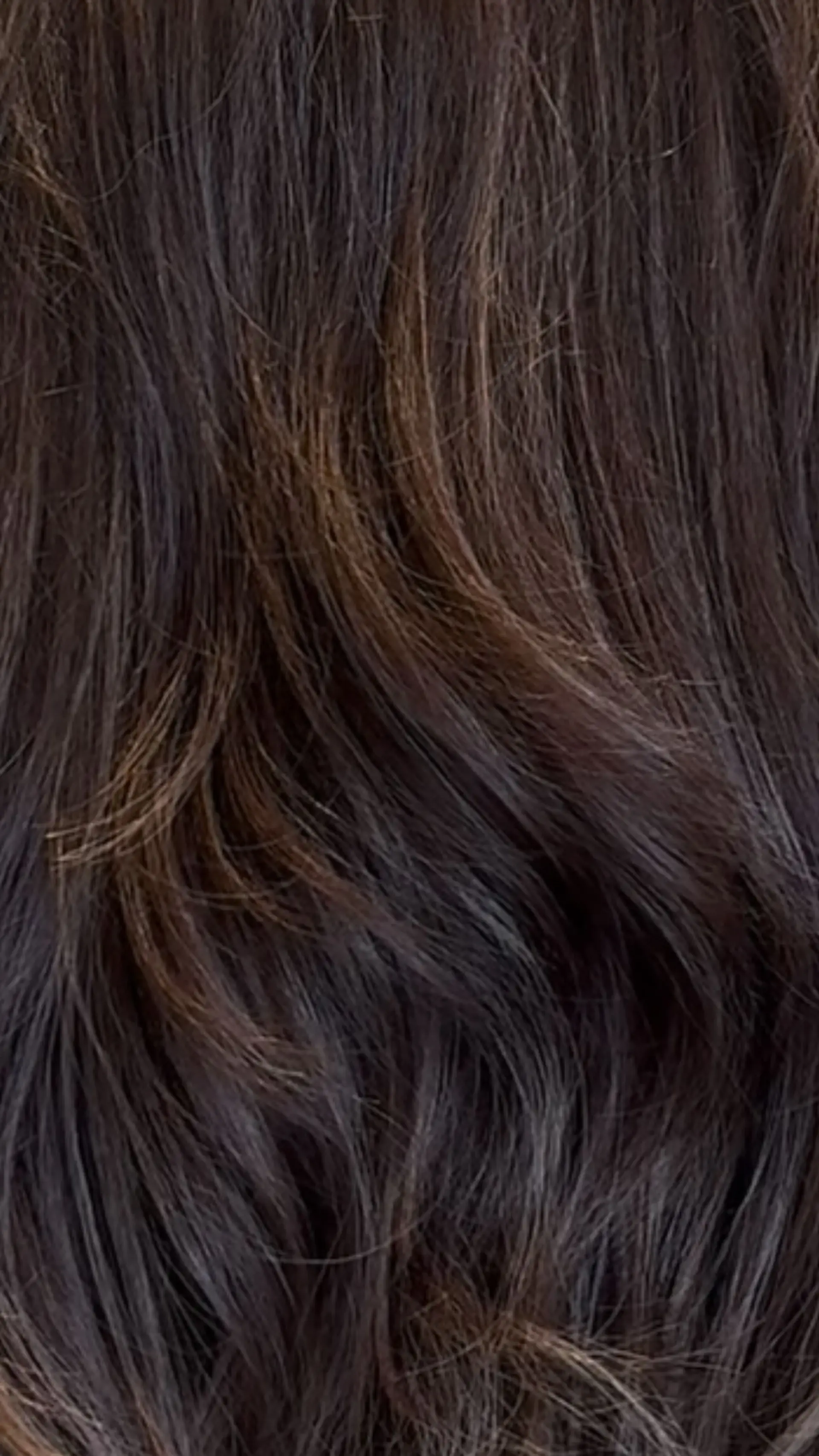 Rich brunette hair featuring subtle, sun-kissed warm highlights styled into soft waves. 1