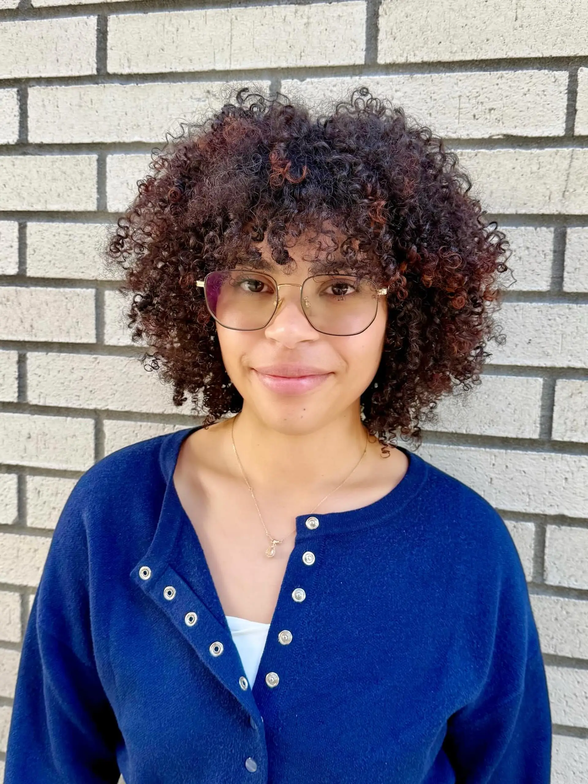 A rounded, voluminous curly bob featuring full curly bangs framing the face with subtle warm reddish-brown highlights. 1