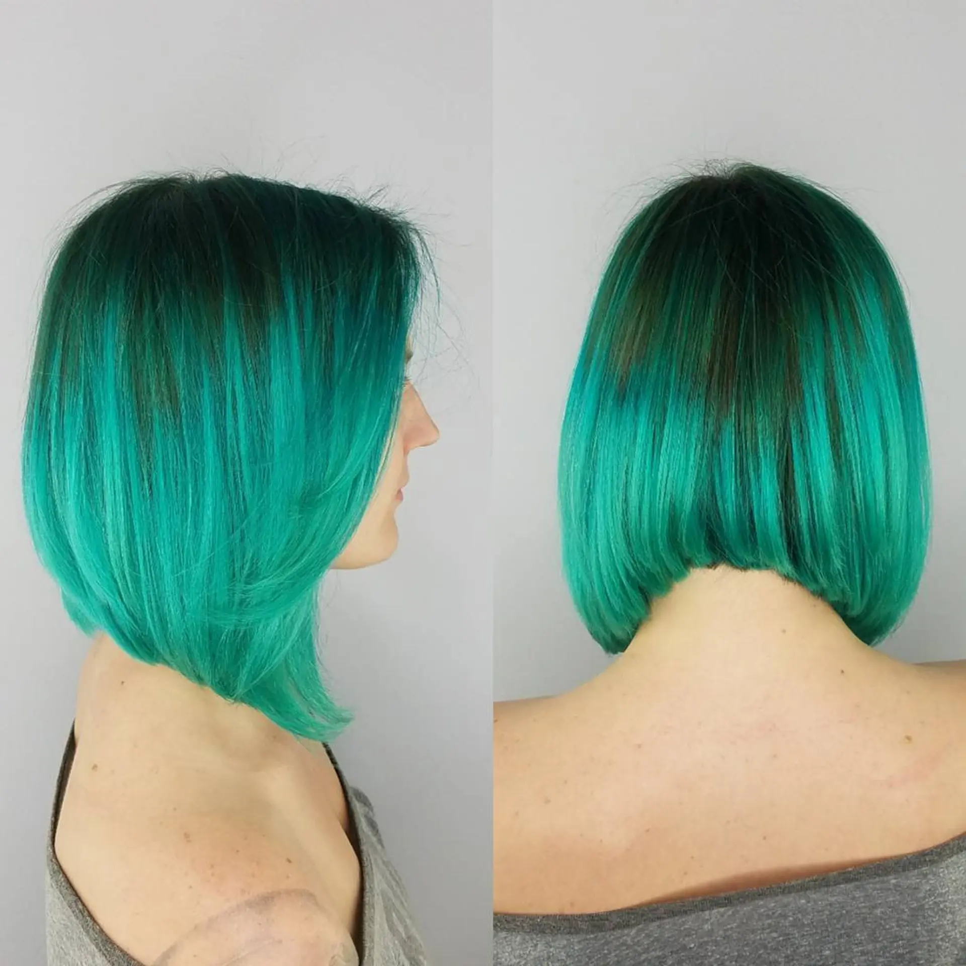 A sleek, sharp angled A-line bob featuring a vivid teal color melt with natural dark roots. 1