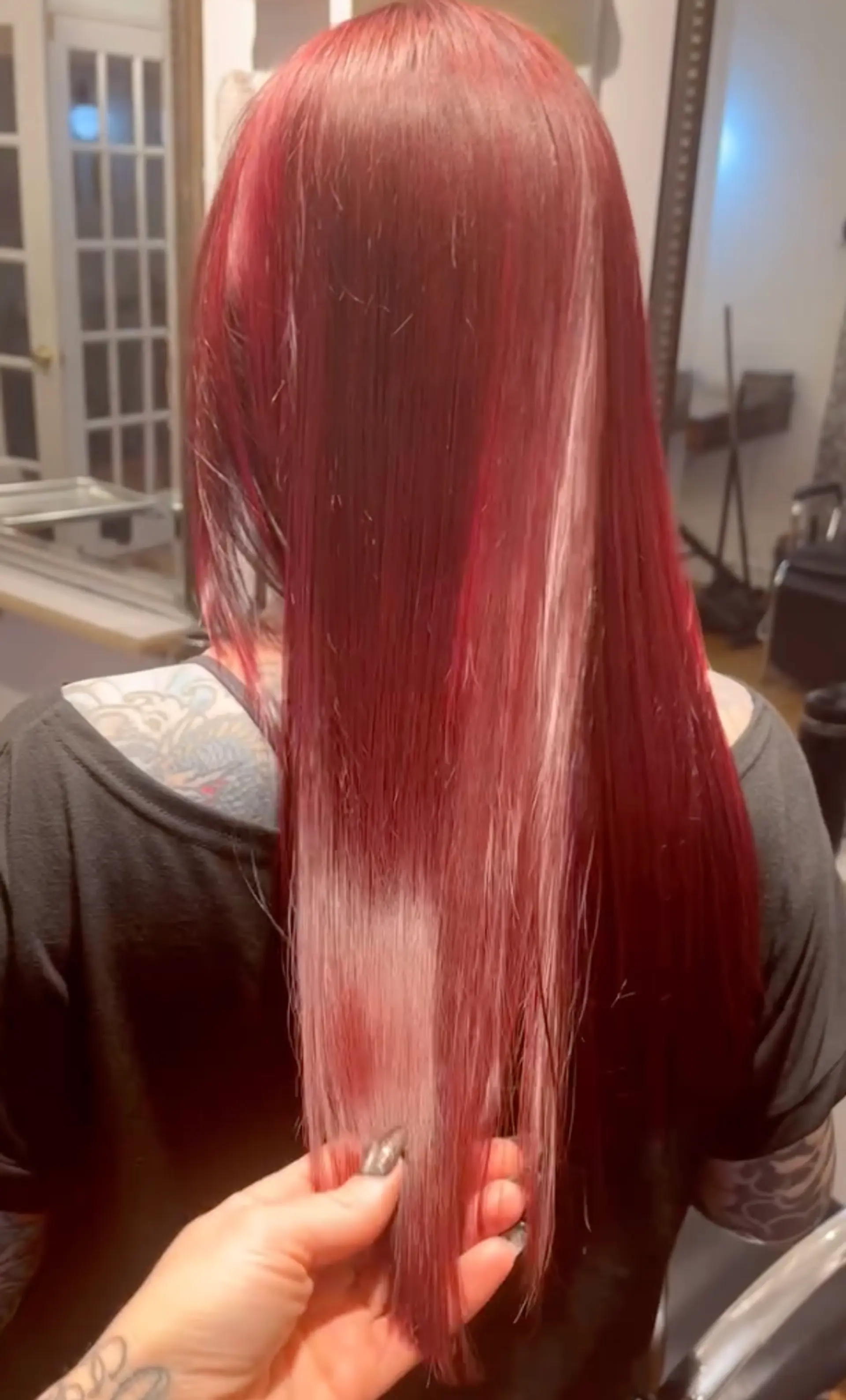 Long straight hair with vibrant cherry red color and light blonde money piece highlights. 1