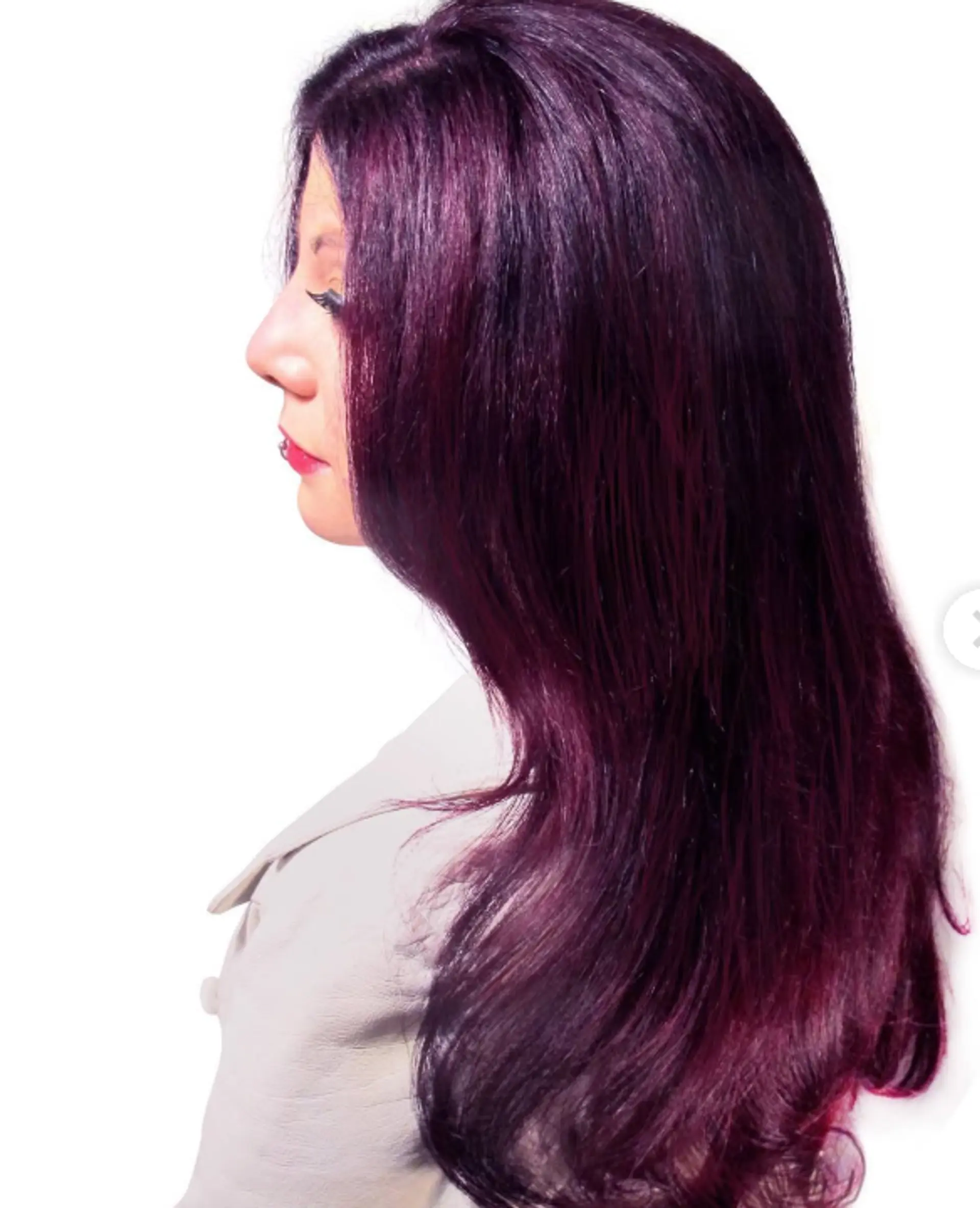 Long, layered straight hair with a vibrant burgundy brunette color. 1