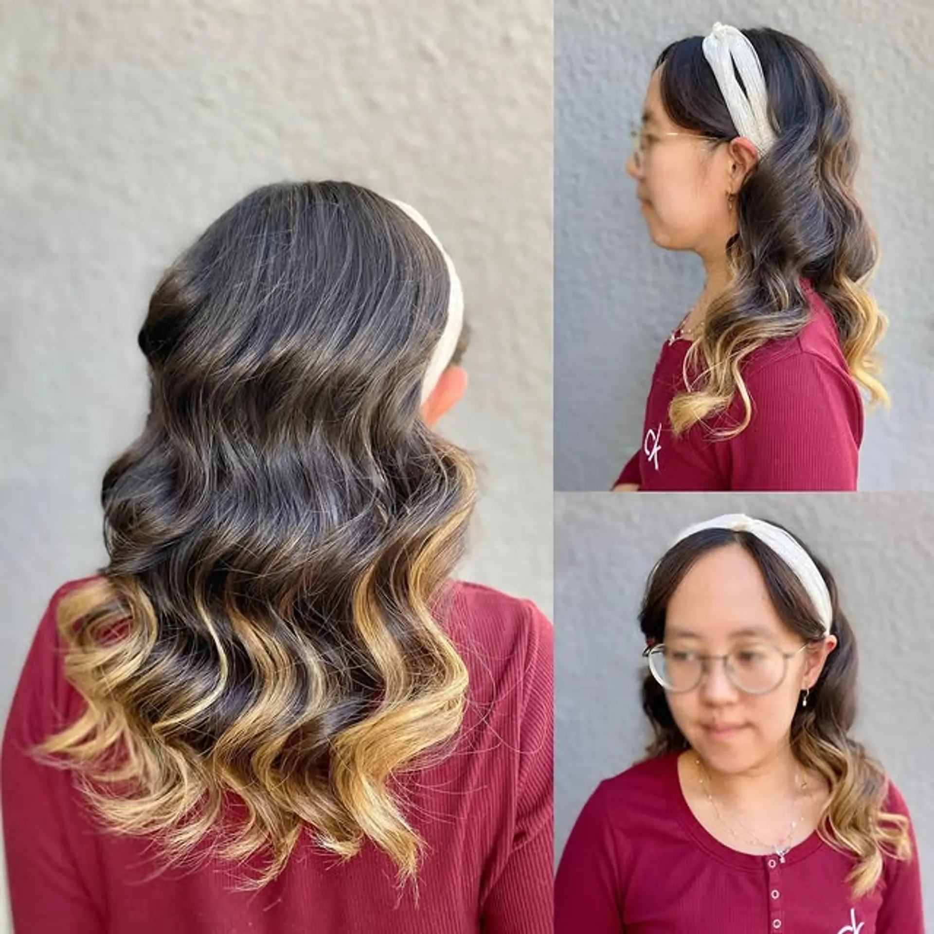 Medium length wavy hair with a bronde balayage. 1