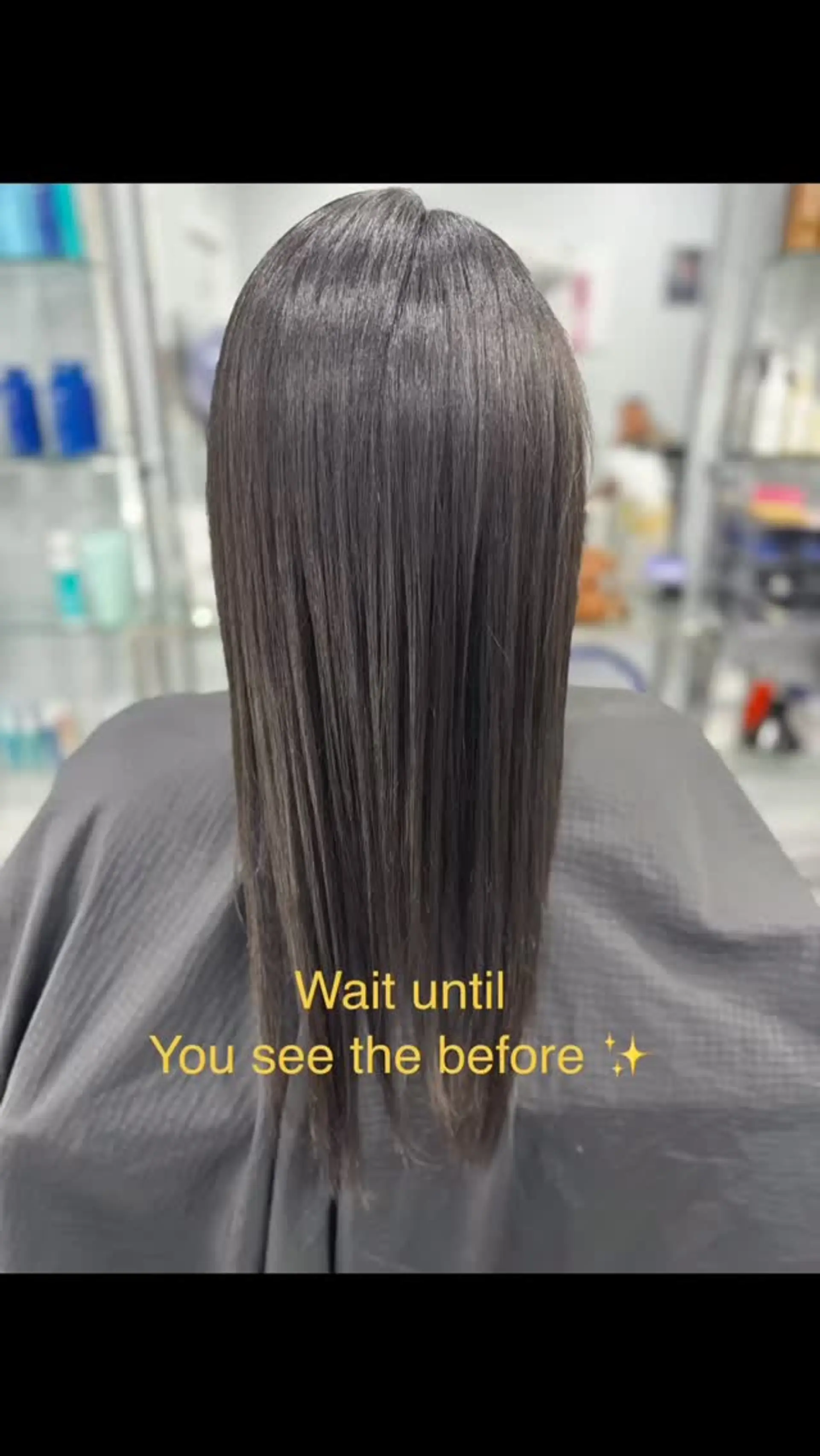 Long, ultra-smooth straight dark brown hair with a glossy, polished finish following a smoothing treatment. 1
