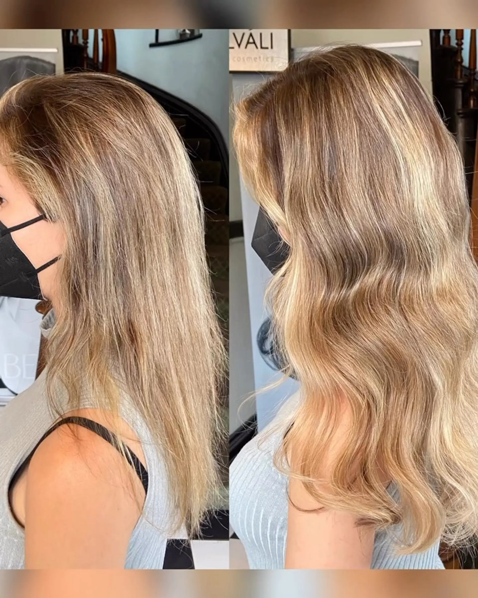 A before-and-after transformation featuring seamless blonde balayage and extensions styled into soft, voluminous waves. 1