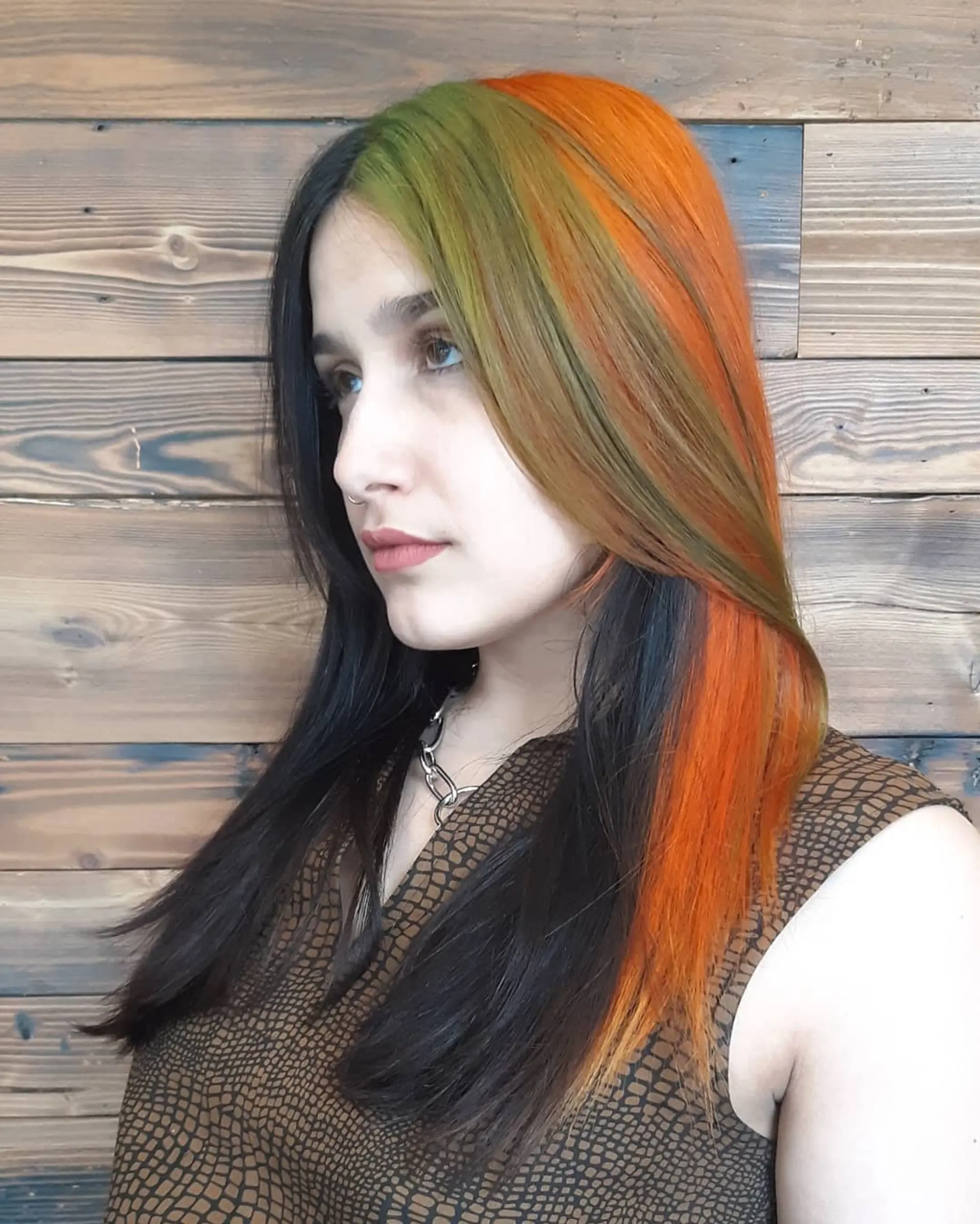 Long straight hair with distinct orange and green coloring, featuring long layers. 2