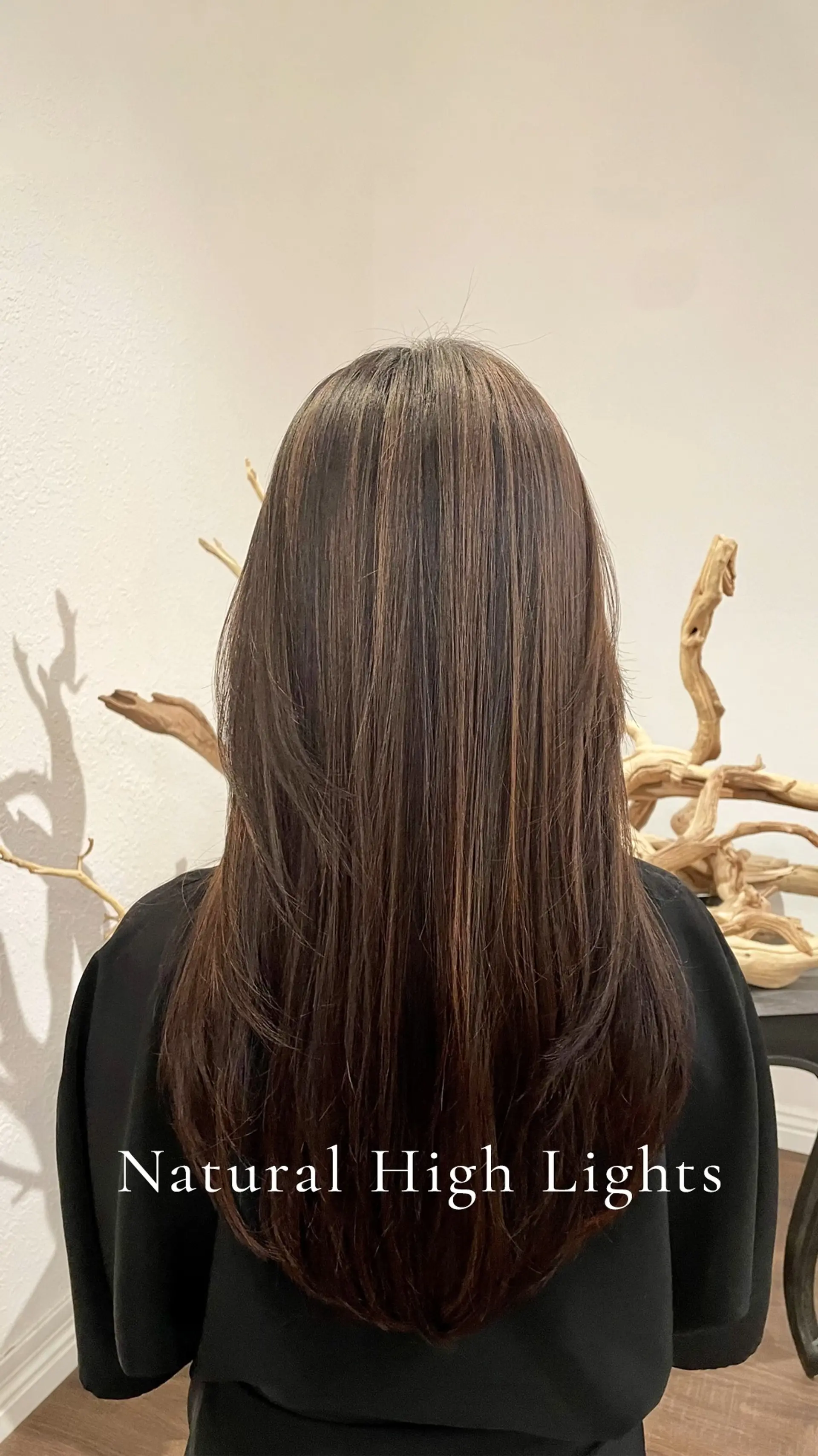 Long, straight dark brown hair cut with soft cascading layers and subtle, natural warm highlights. 1