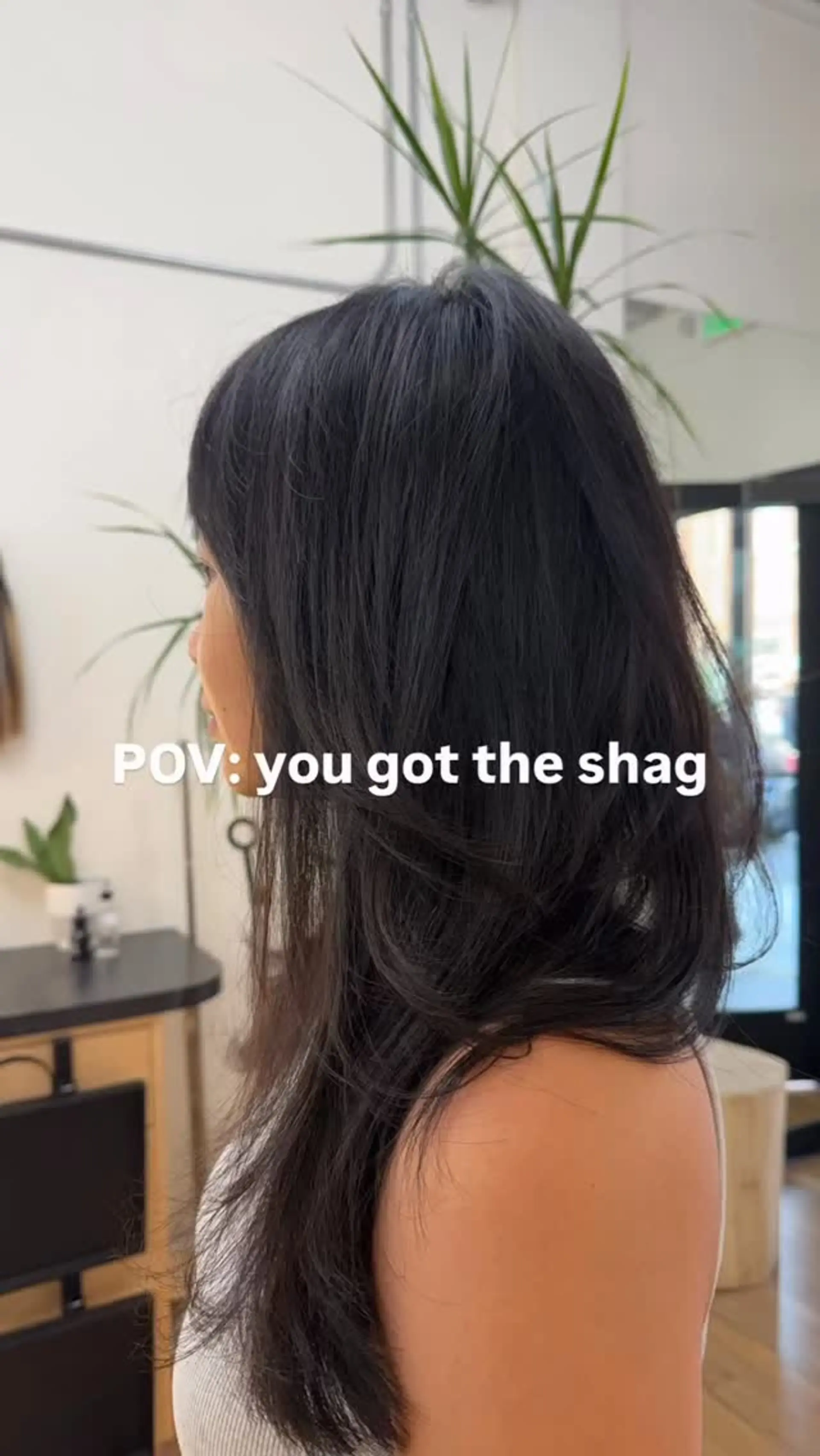 A textured long shag haircut featuring feathered, face-framing layers and soft, airy volume. 1