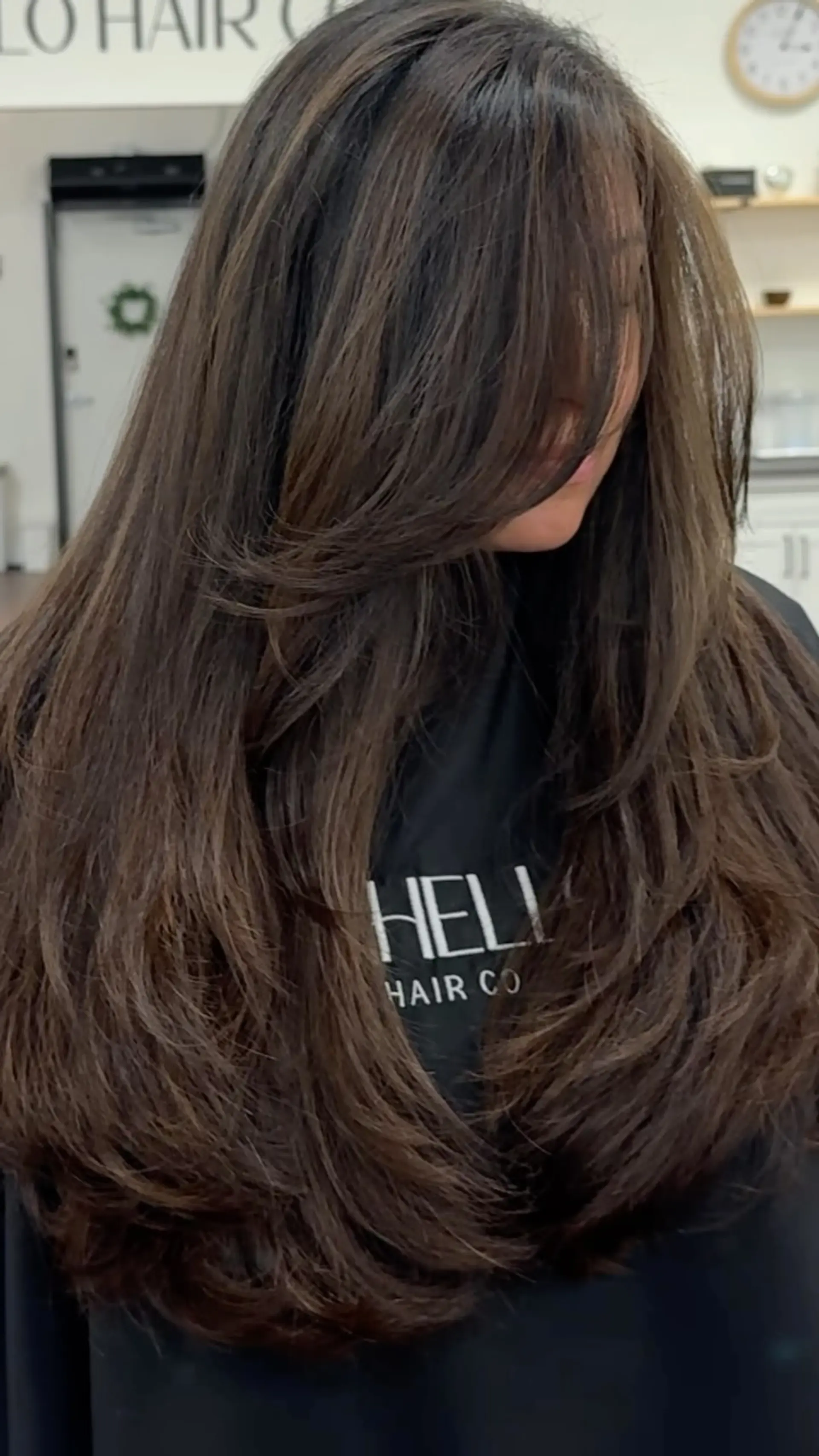 Long, thick brunette hair cut with dramatic feathered face-framing layers and styled into a voluminous 90s-inspired blowout. 1