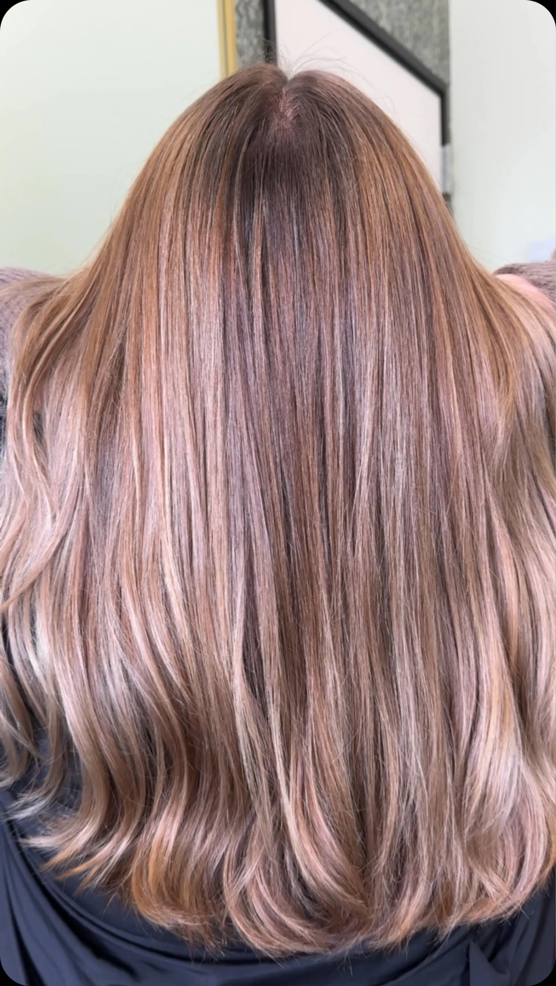 Long hair featuring seamless dimensional highlights in soft beige and muted rosy blonde tones over a light brown base. 1