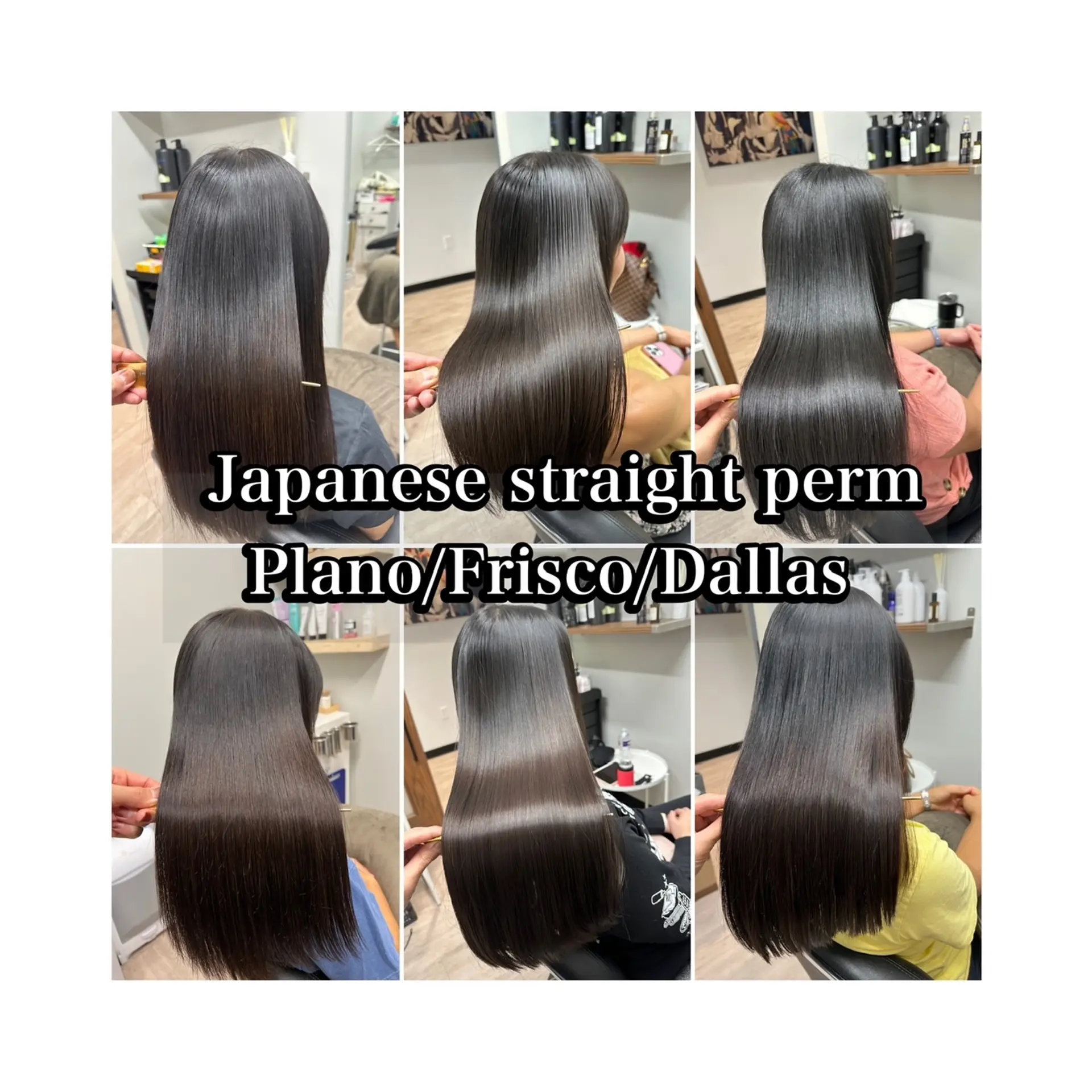 Ultra-sleek, mirror-like straight hair achieved through a Japanese straight perm treatment. 1