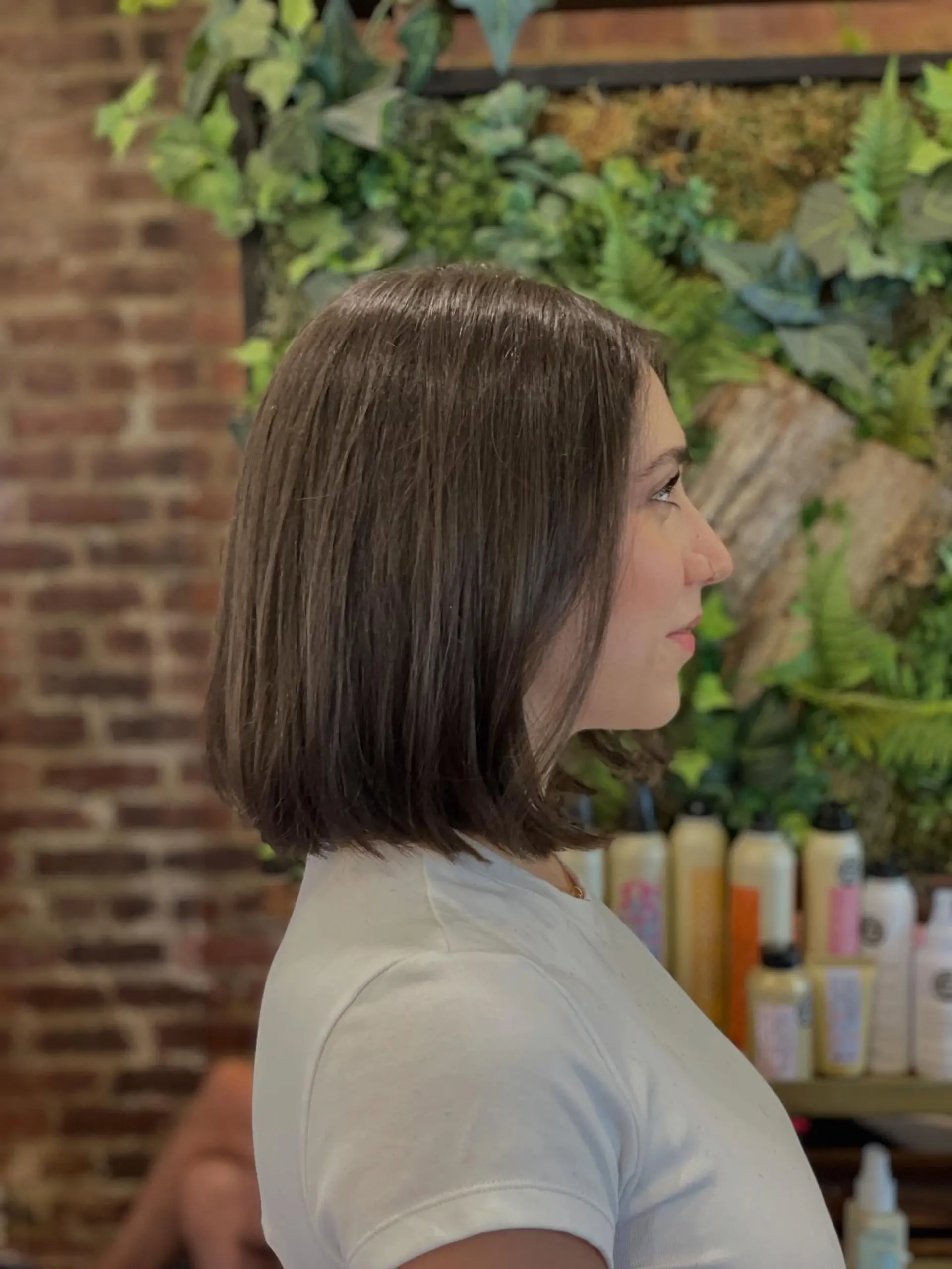 A sleek, shoulder-grazing brunette bob cut with straight styling and blunt ends. 1