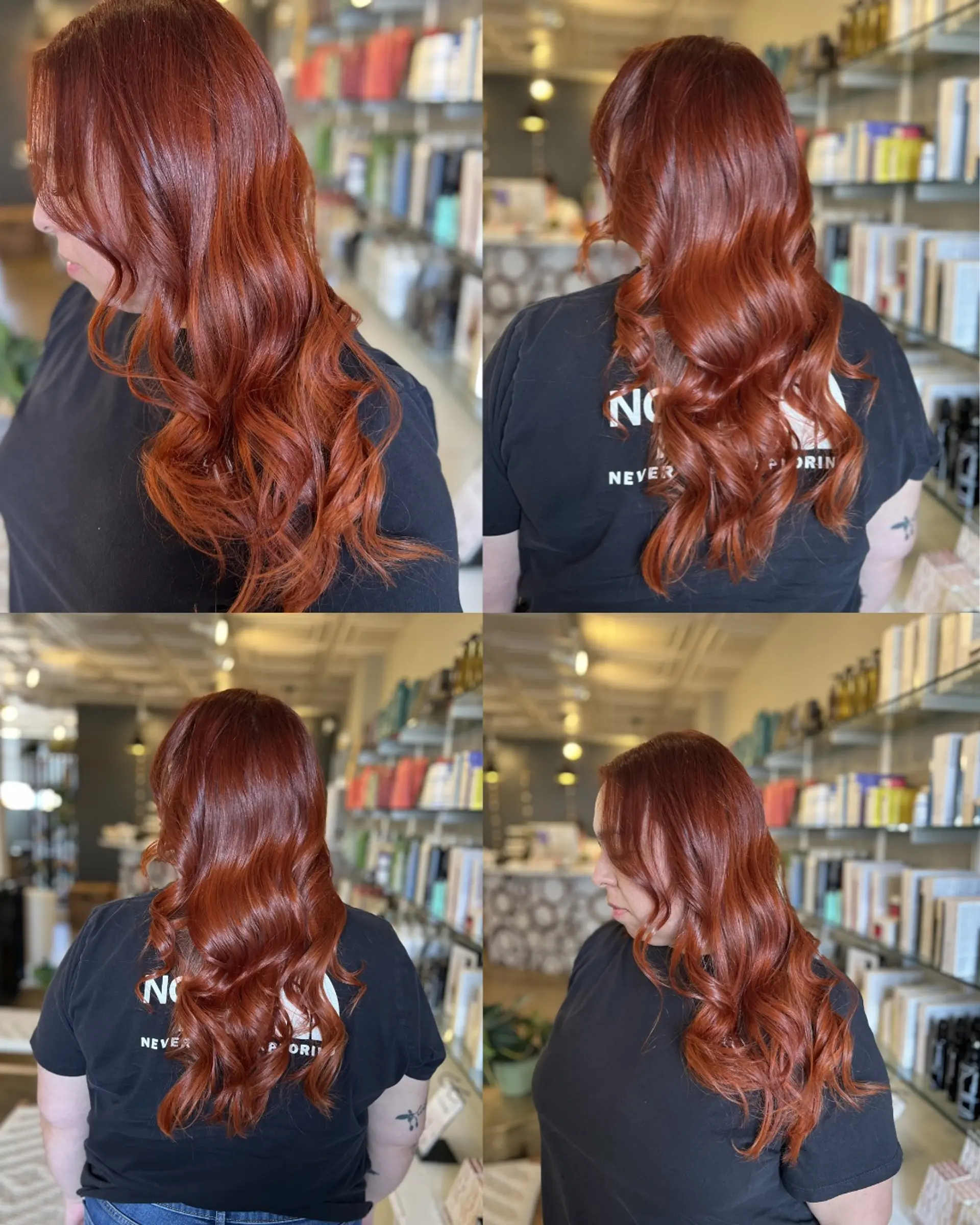 Rich auburn and copper balayage finished with glossy, cascading waves. 1