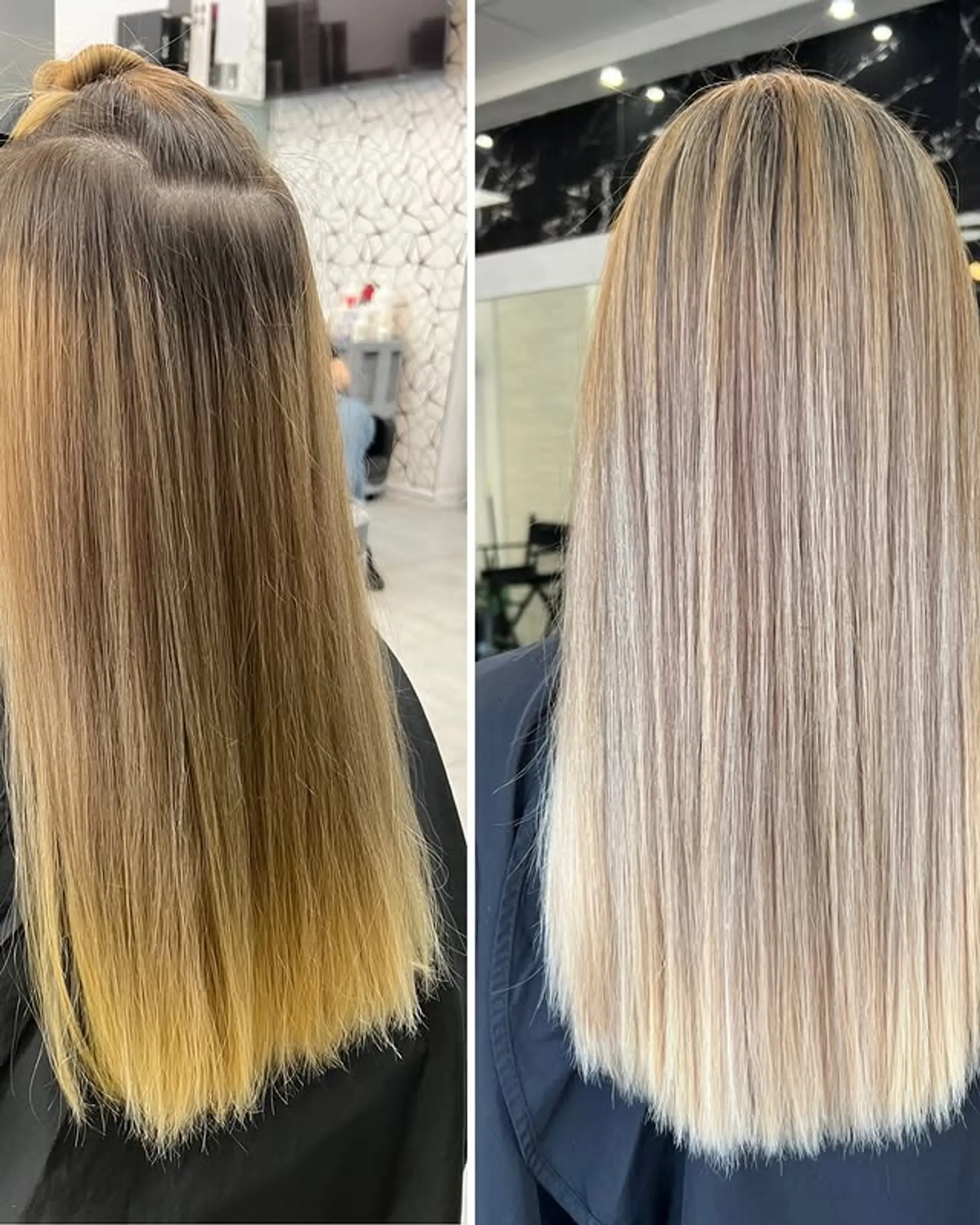 Platinum blonde balayage with subtle beige tones and a shadow root. 1