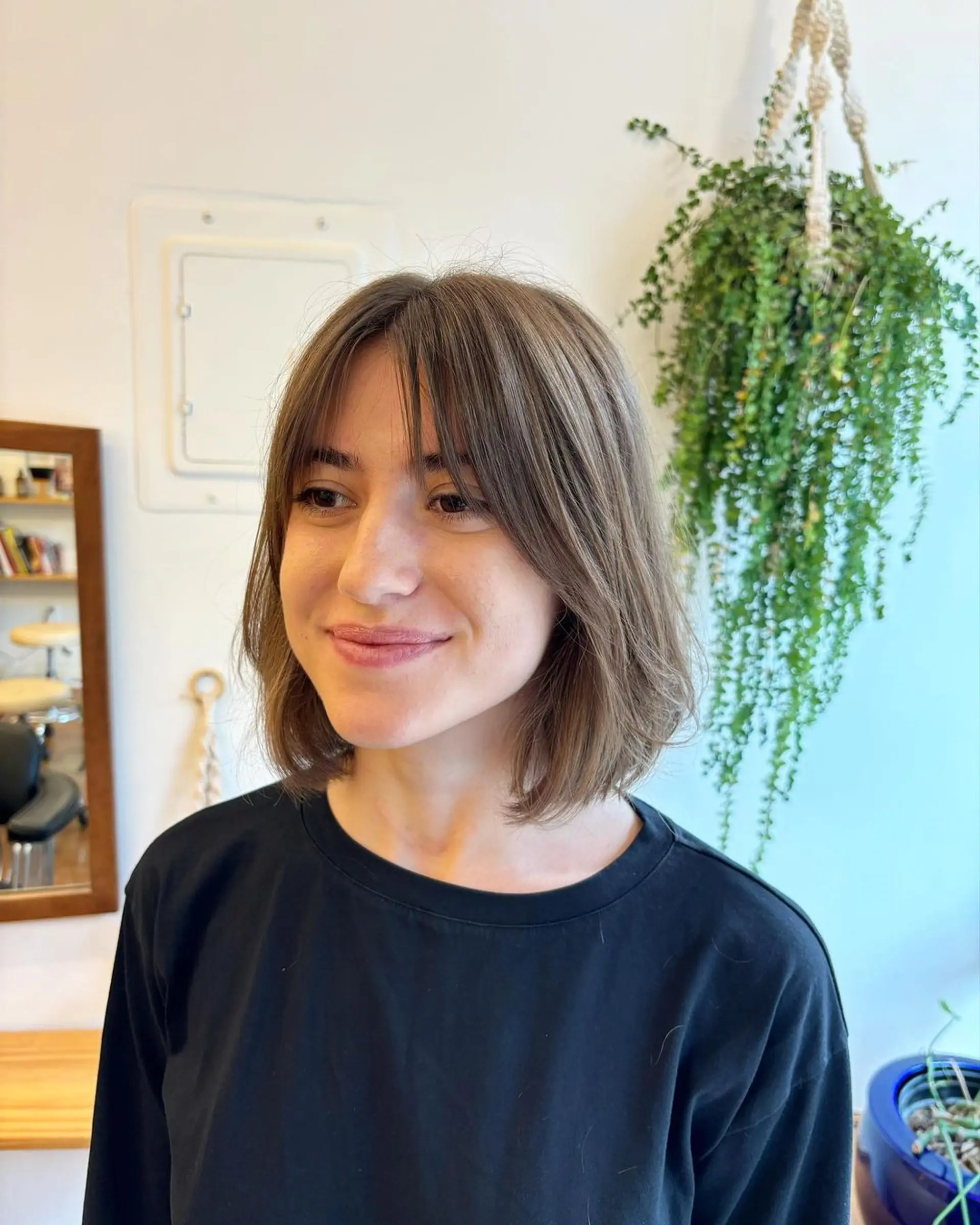 A chic bob fringe with medium-length light brown hair, featuring straight bangs and subtle layers for a natural, effortless look. by @kotomiacacio__hair  2