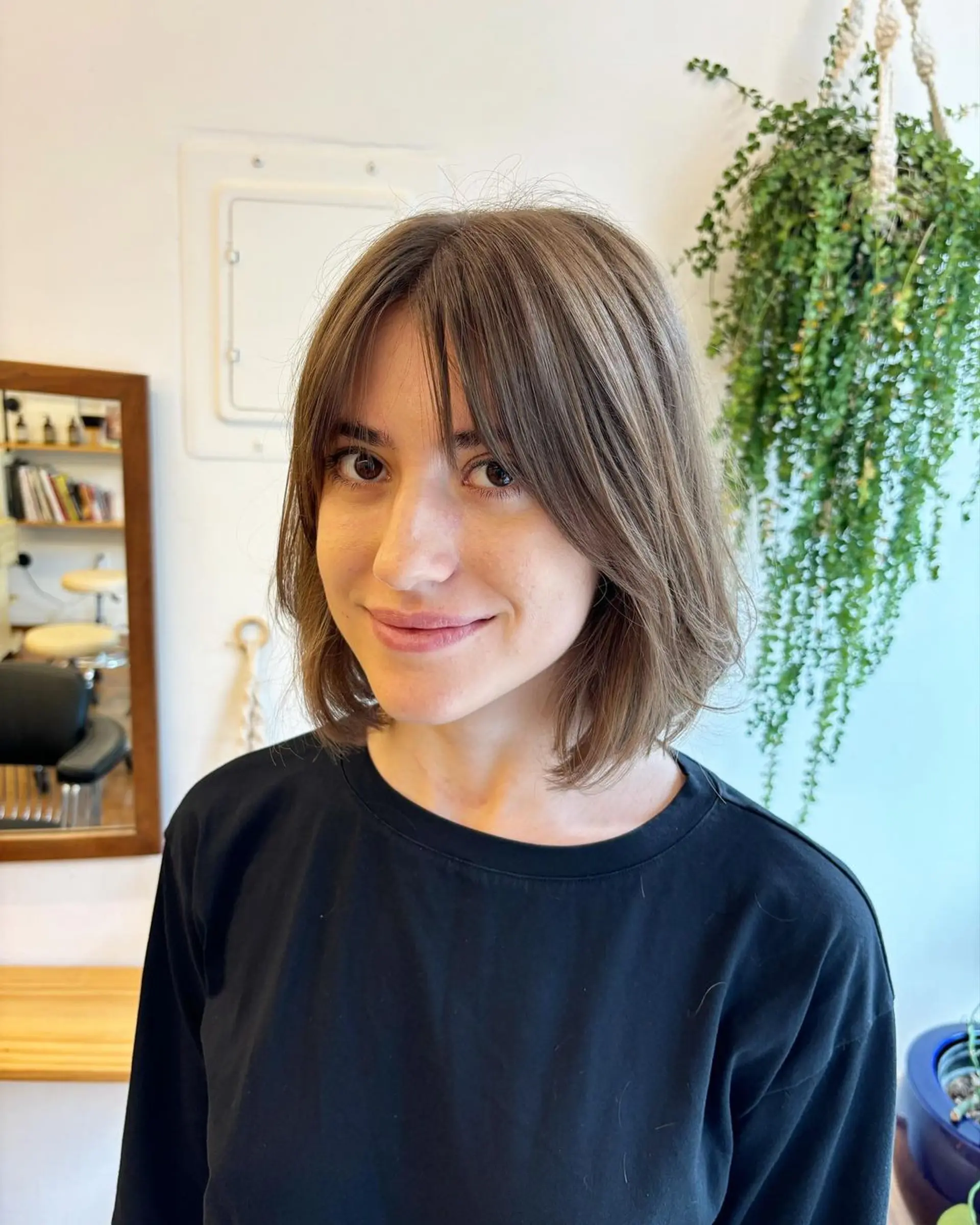 A chic bob fringe with medium-length light brown hair, featuring straight bangs and subtle layers for a natural, effortless look. by @kotomiacacio__hair  1