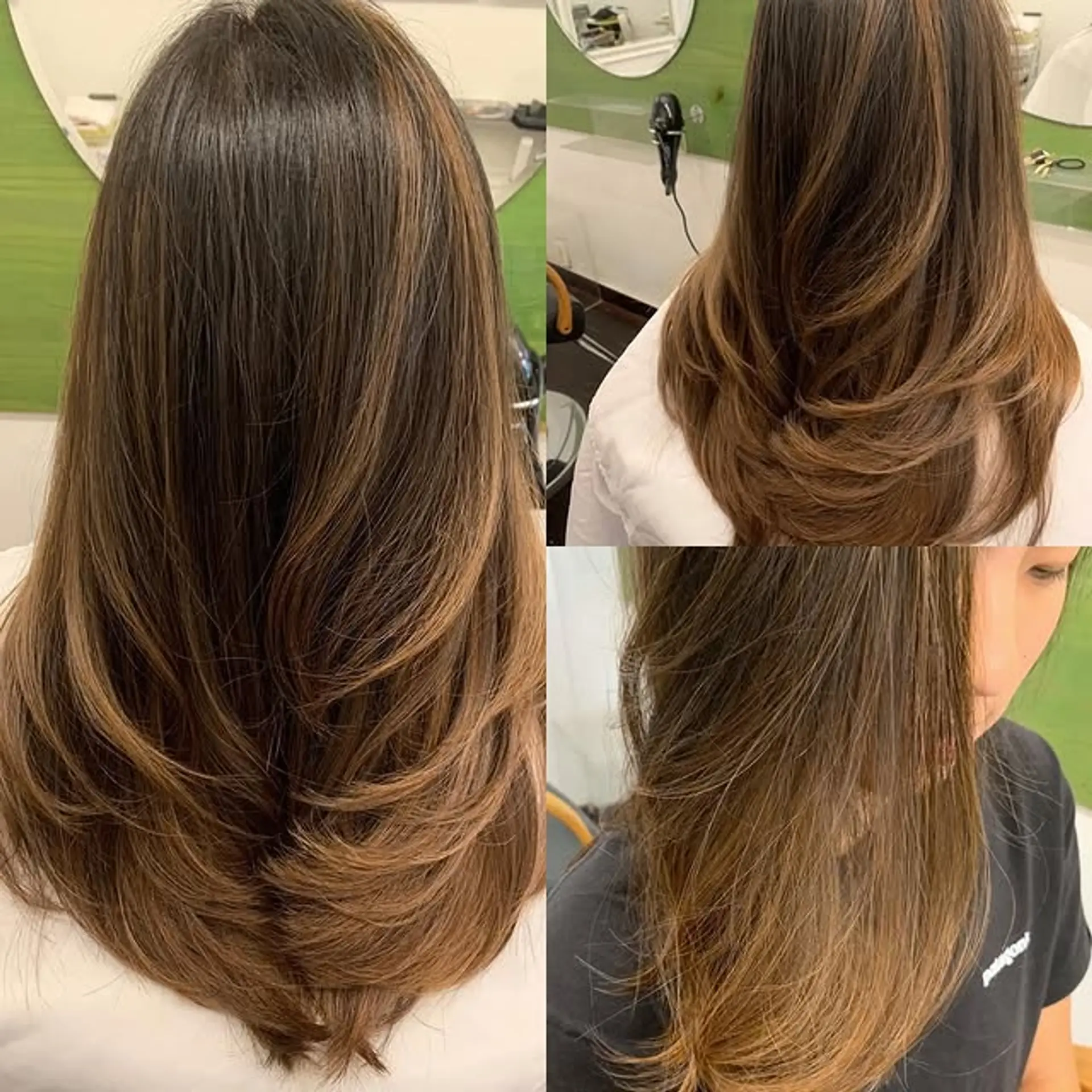 A layered medium length hairstyle with subtle face framing layers and a bronde color. 1