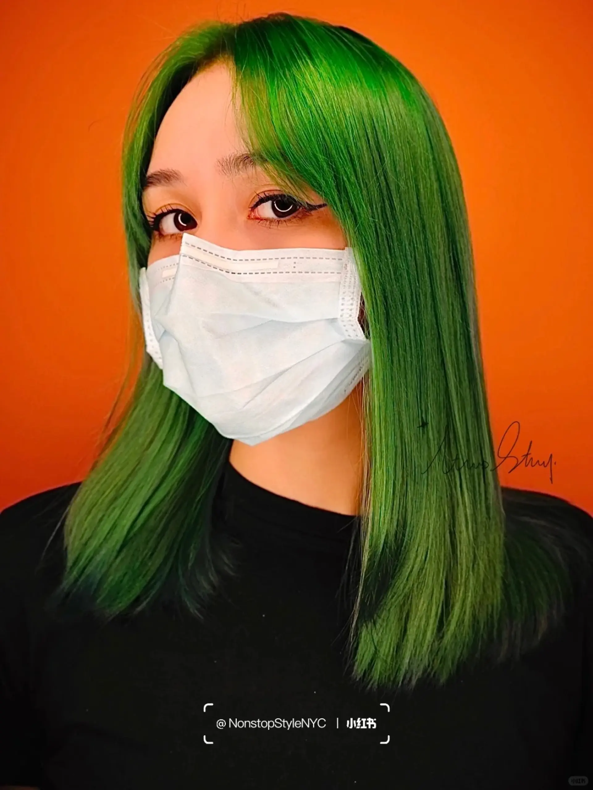 A vibrant, emerald green medium-length hairstyle with straight hair. The style features curtain bangs that frame the face delicately. The silky finish adds an ultra-sleek and polished look.

(NonstopStyle: by Hiro) 2