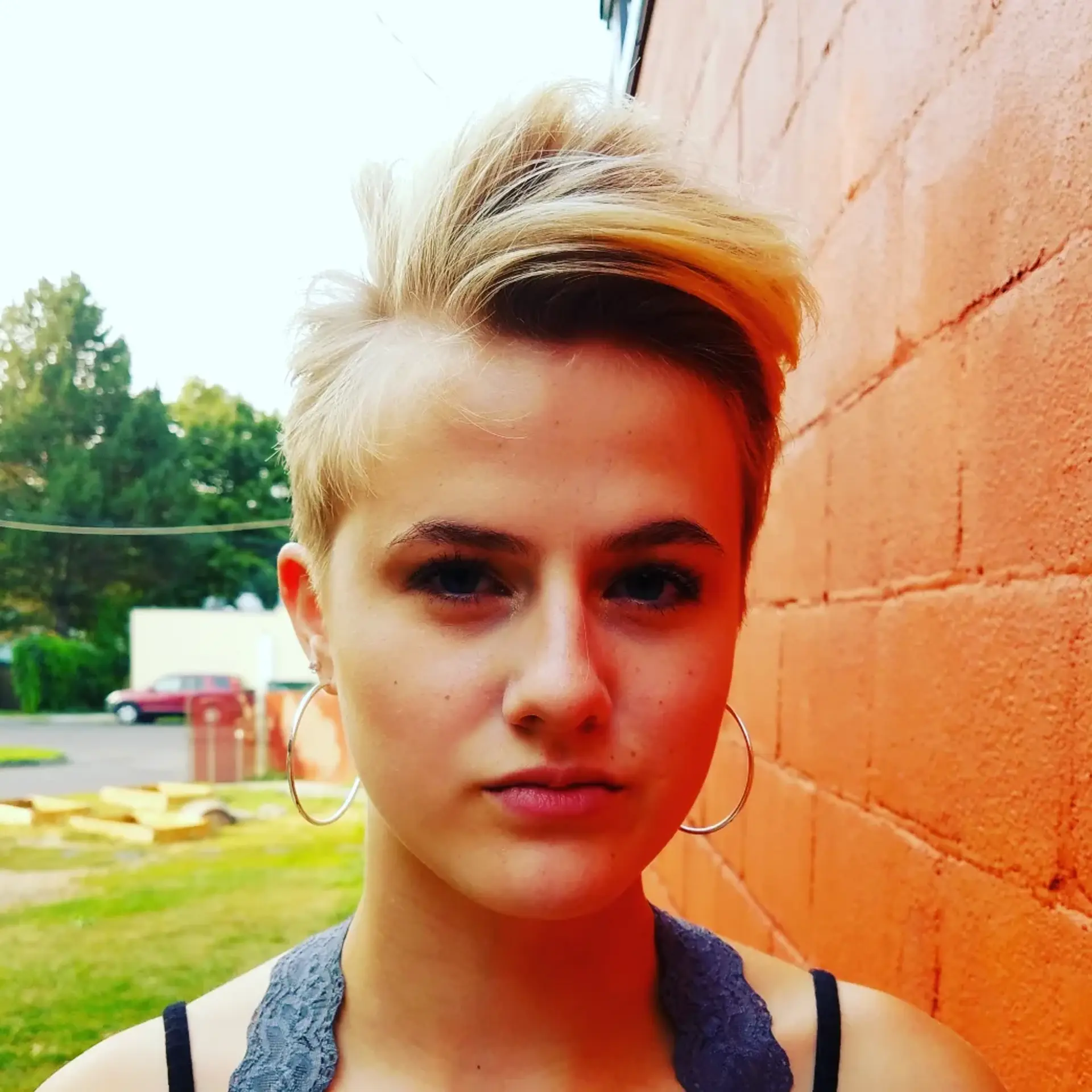 A textured blonde pixie cut with voluminous, swept-up styling on top and tapered sides. 1