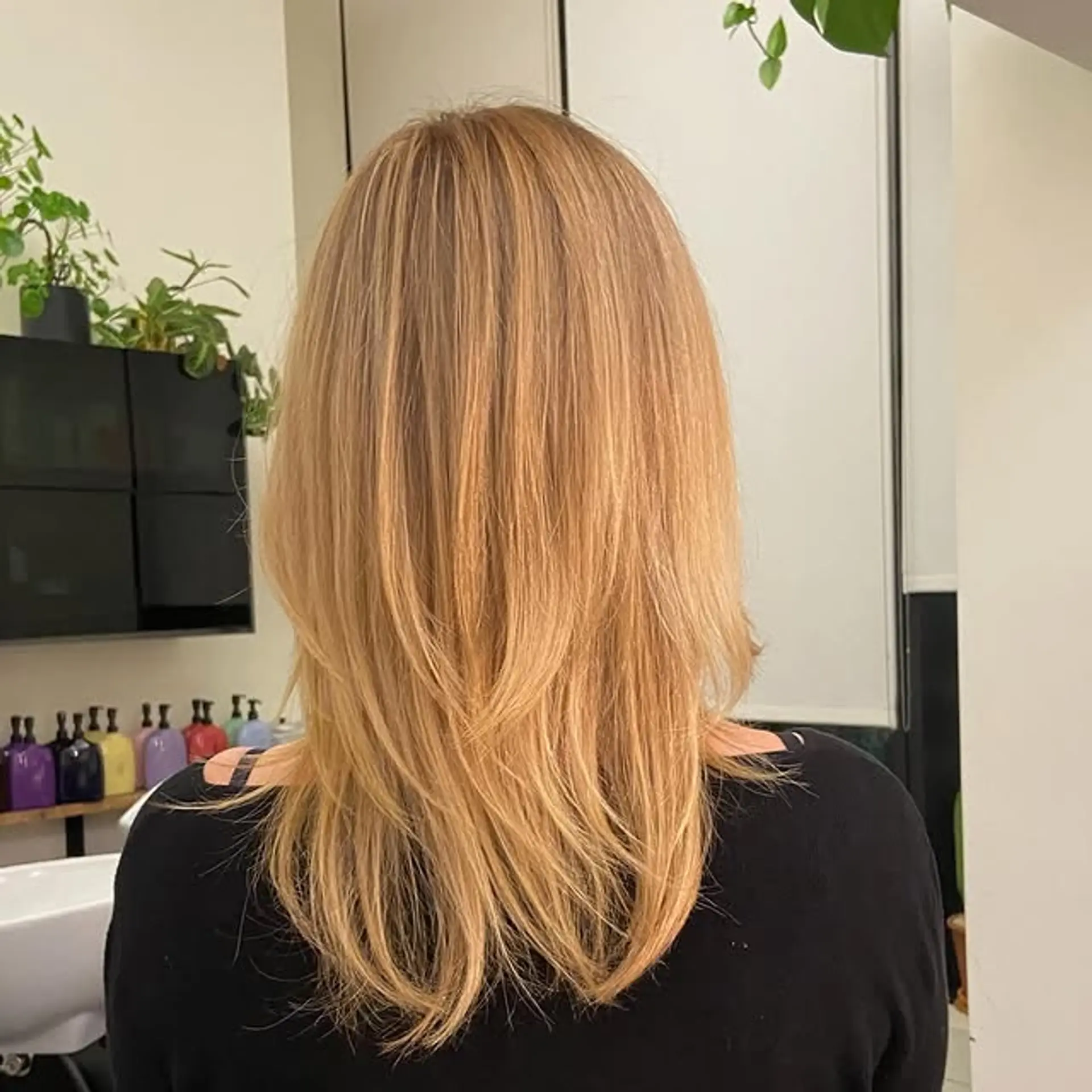 A layered haircut with face-framing layers. 1