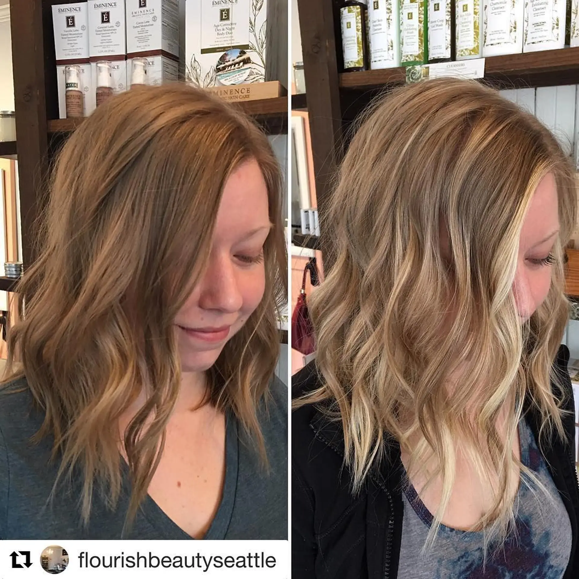 A before-and-after transformation showcasing bright dimensional blonde balayage with a luminous face-framing accent, styled in relaxed, textured waves. 1