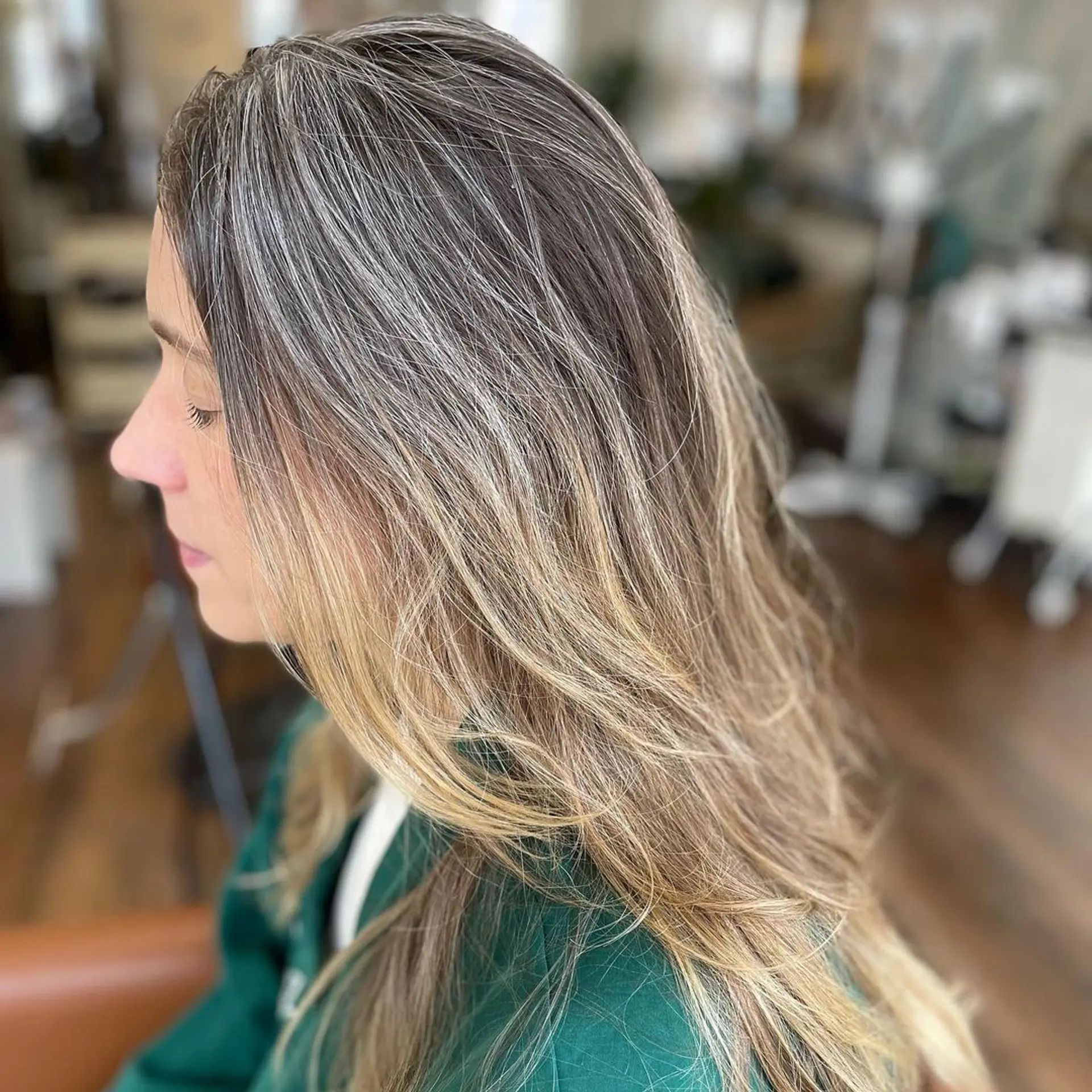Gray coverage doesn’t always have to be a high maintenance root touch up every 6 weeks. Her last touch up was 7 months ago. I used teasy lights to create blended highlights that grow out soft. 2