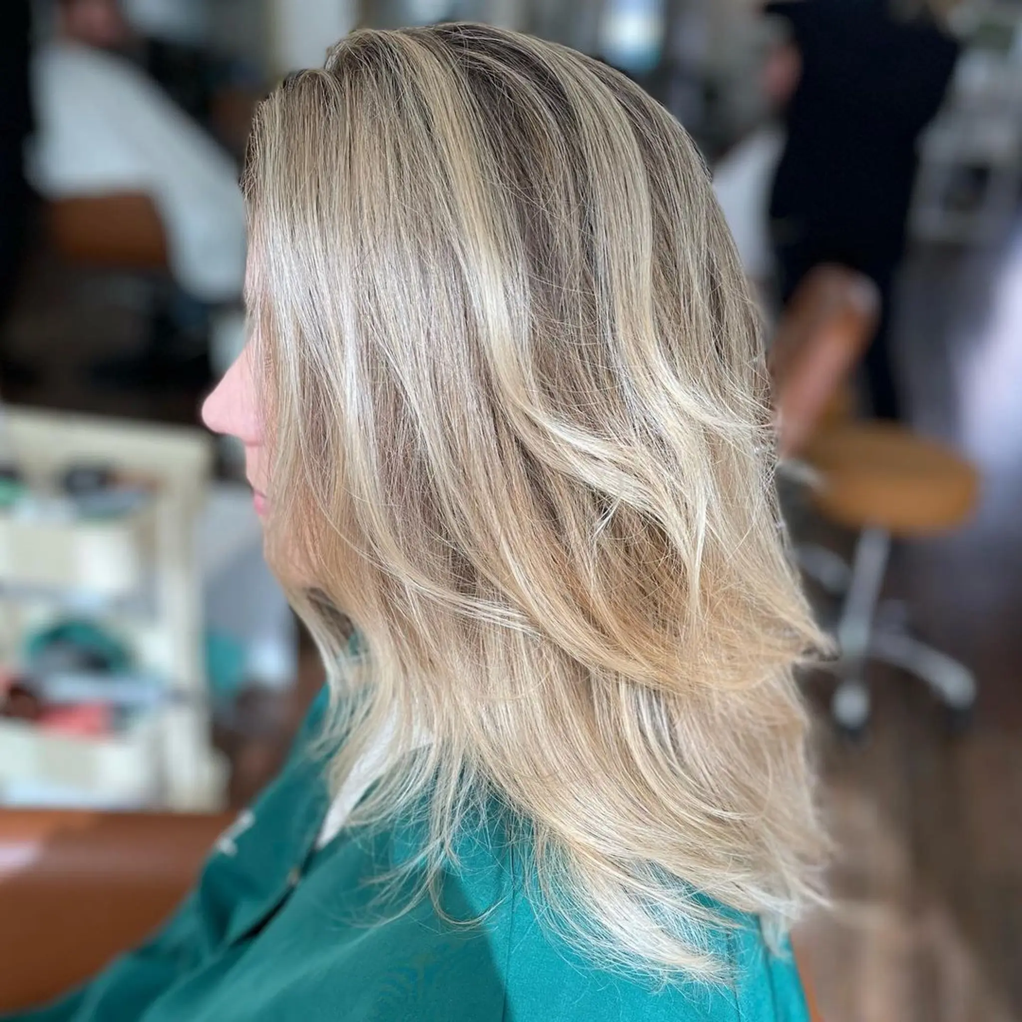 Gray coverage doesn’t always have to be a high maintenance root touch up every 6 weeks. Her last touch up was 7 months ago. I used teasy lights to create blended highlights that grow out soft. 1