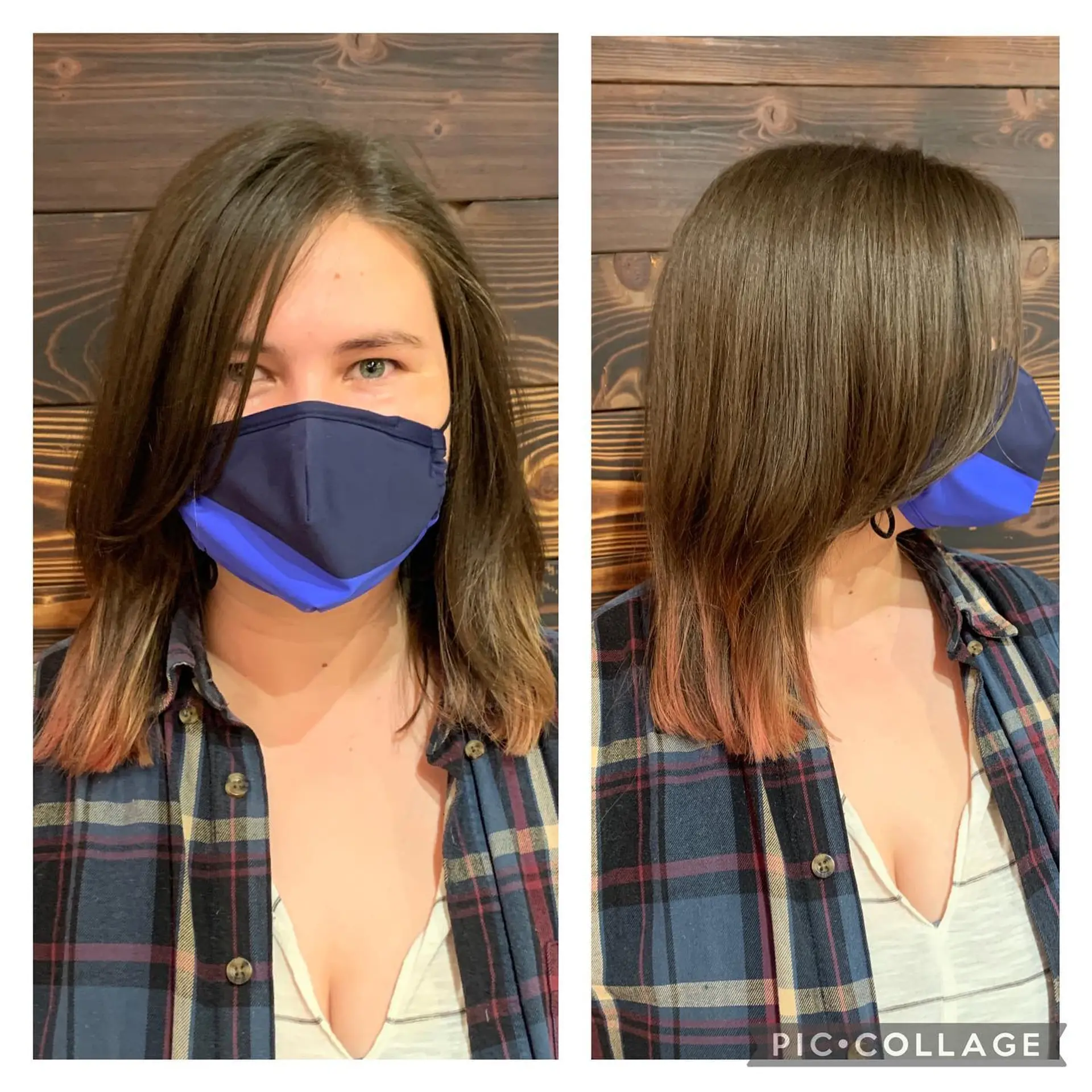 Medium length straight hair with bronde color, copper lowlights, and face-framing layers. 1