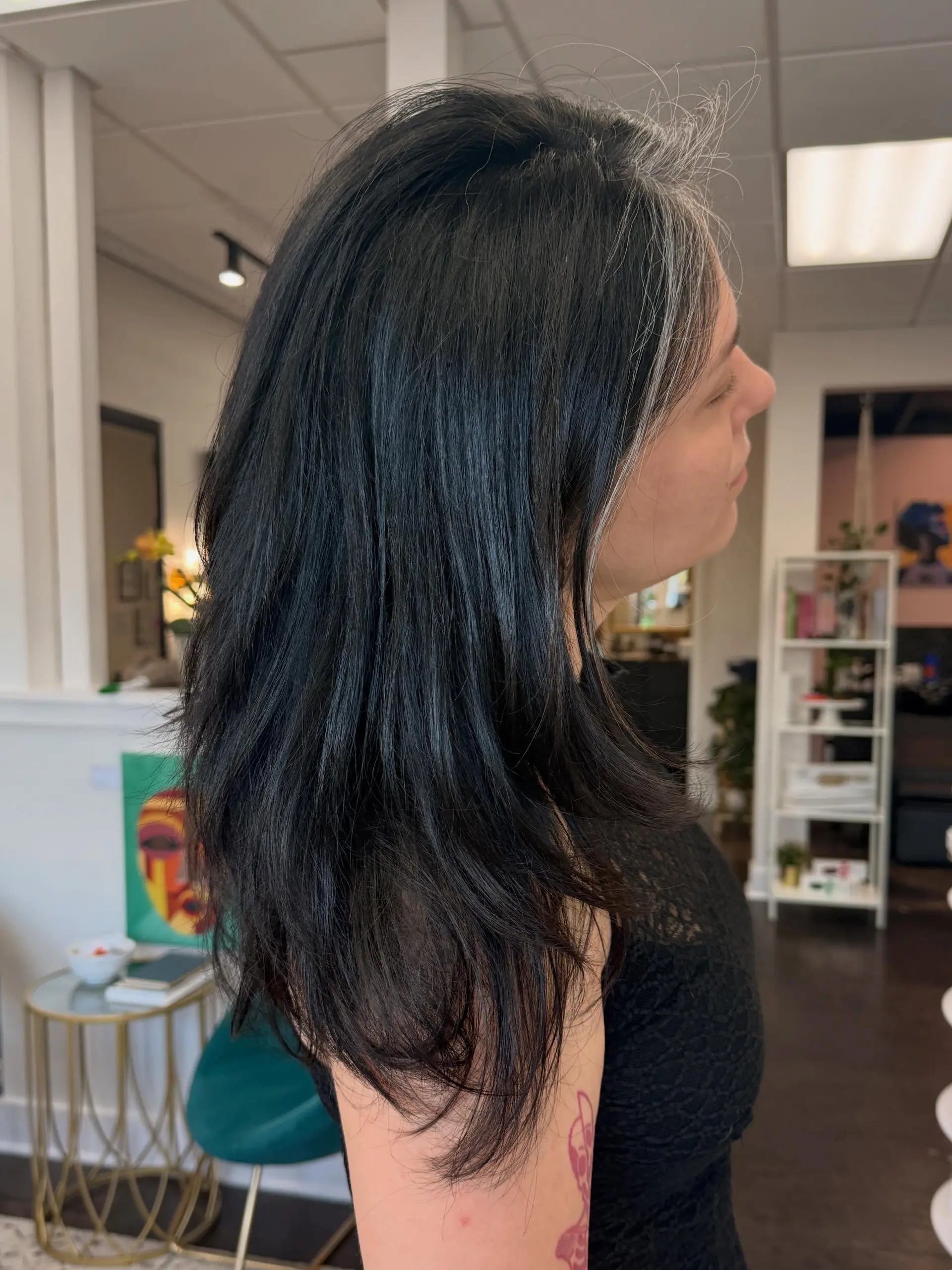 A layered mid-length cut in deep jet black featuring subtle face-framing silver-white streaks along the front hairline. 1