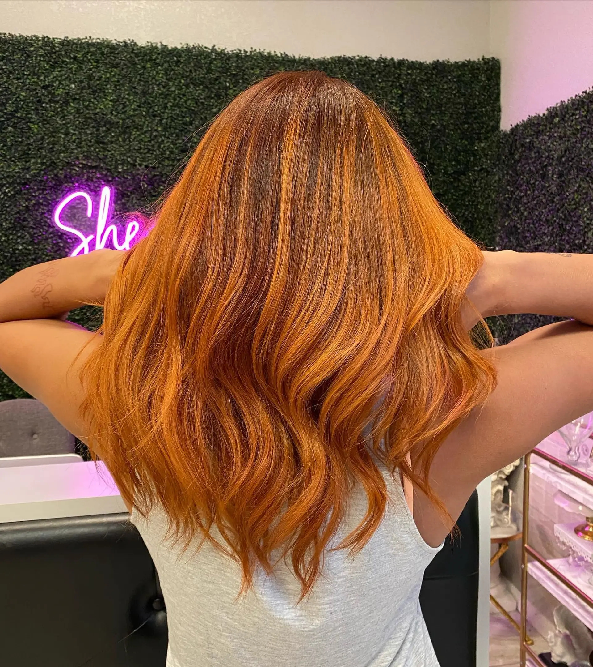 Long, wavy hair with a vibrant copper red color and subtle highlights. 1