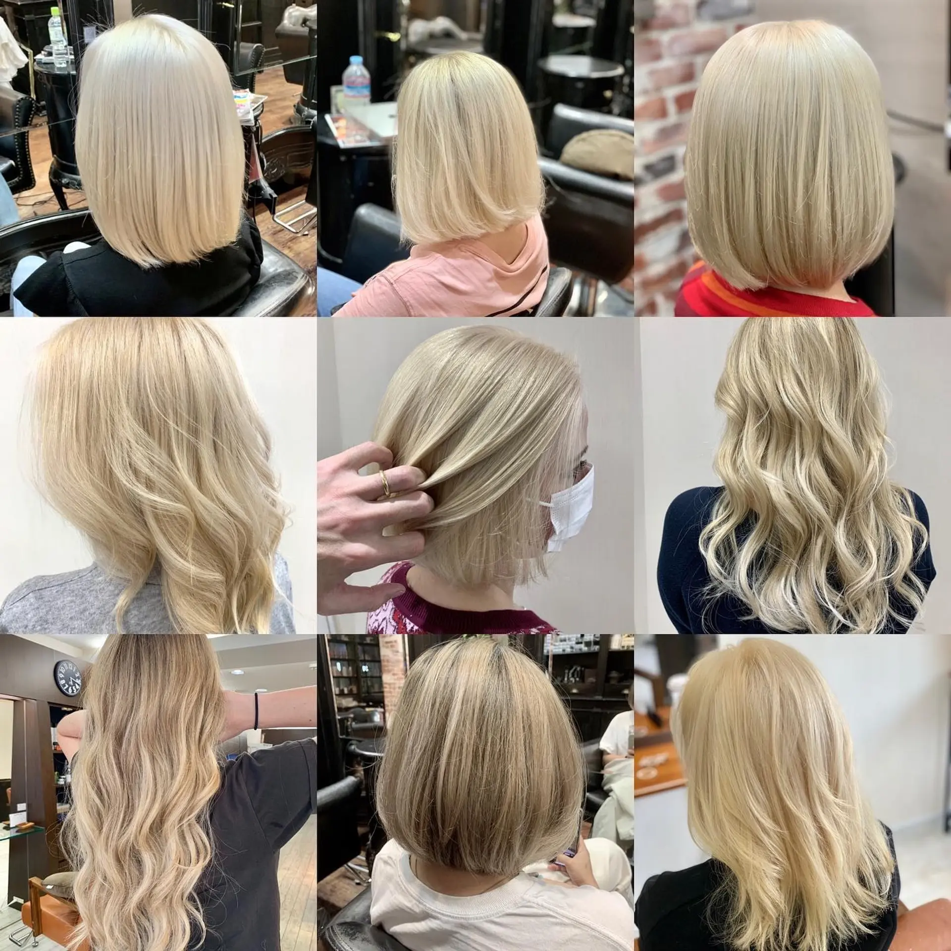 A 9-panel collage displaying diverse blonde hair transformations ranging from sleek platinum bobs to soft wavy long styles. 1