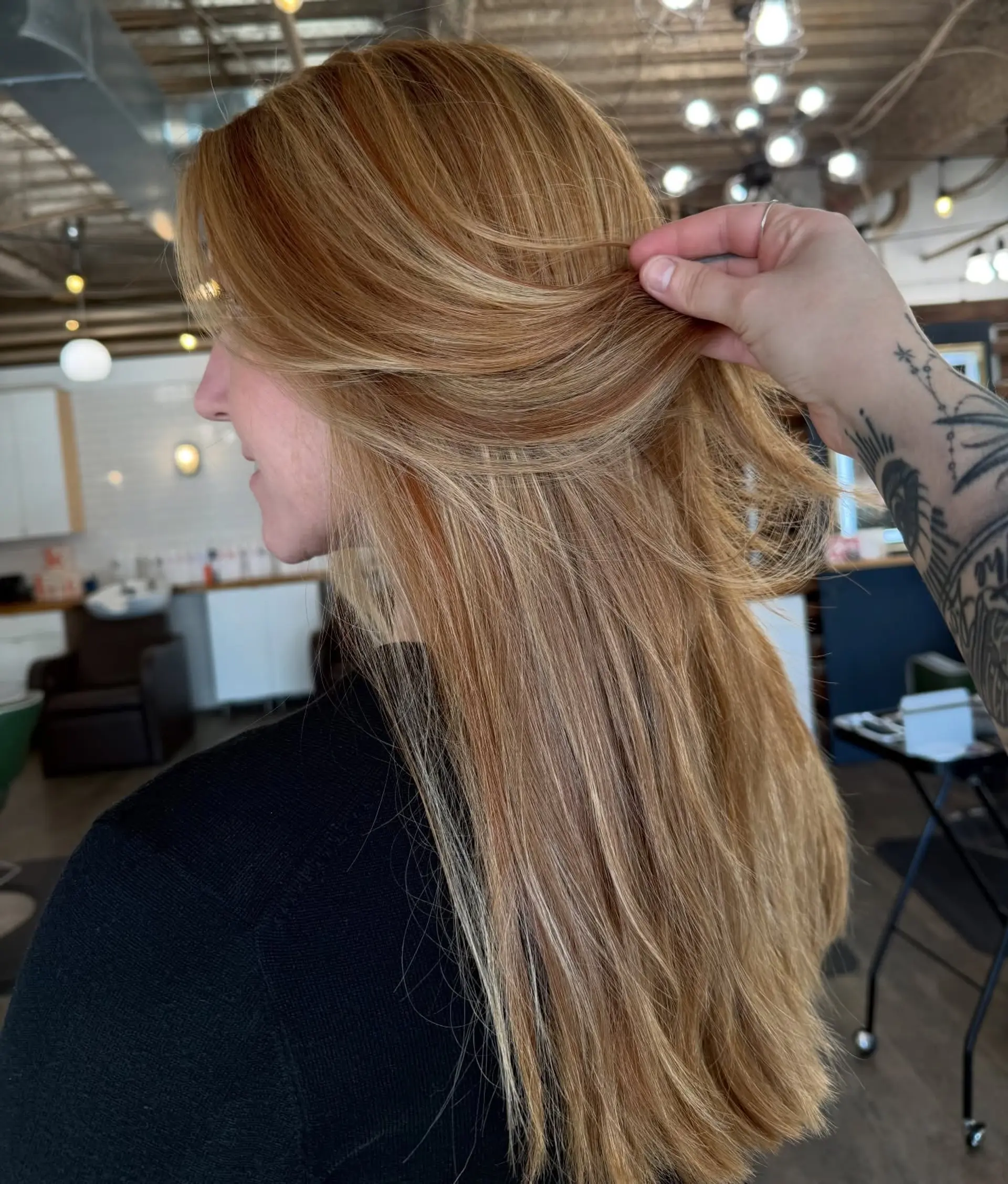 Long straight copper hair with dimensional blonde highlights and warm lowlights. 1