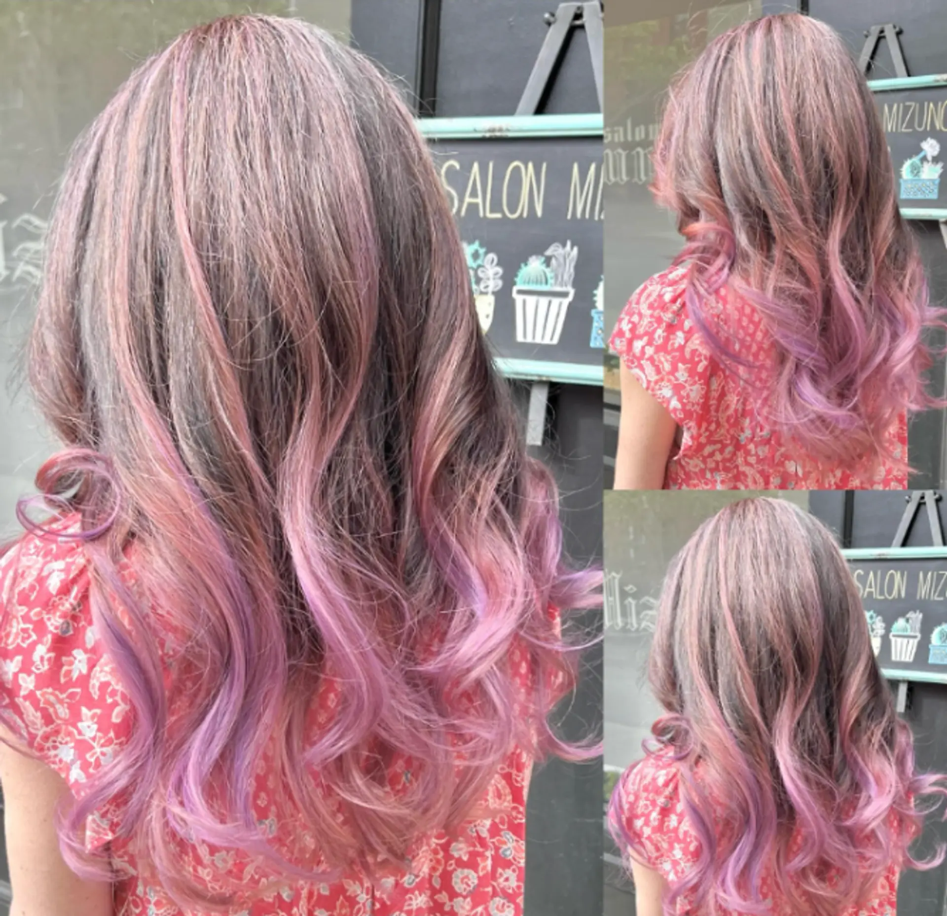 A medium-length wavy hairstyle featuring a rose quartz color melt from brown and ash blonde roots to a pink and lavender ombre. 1
