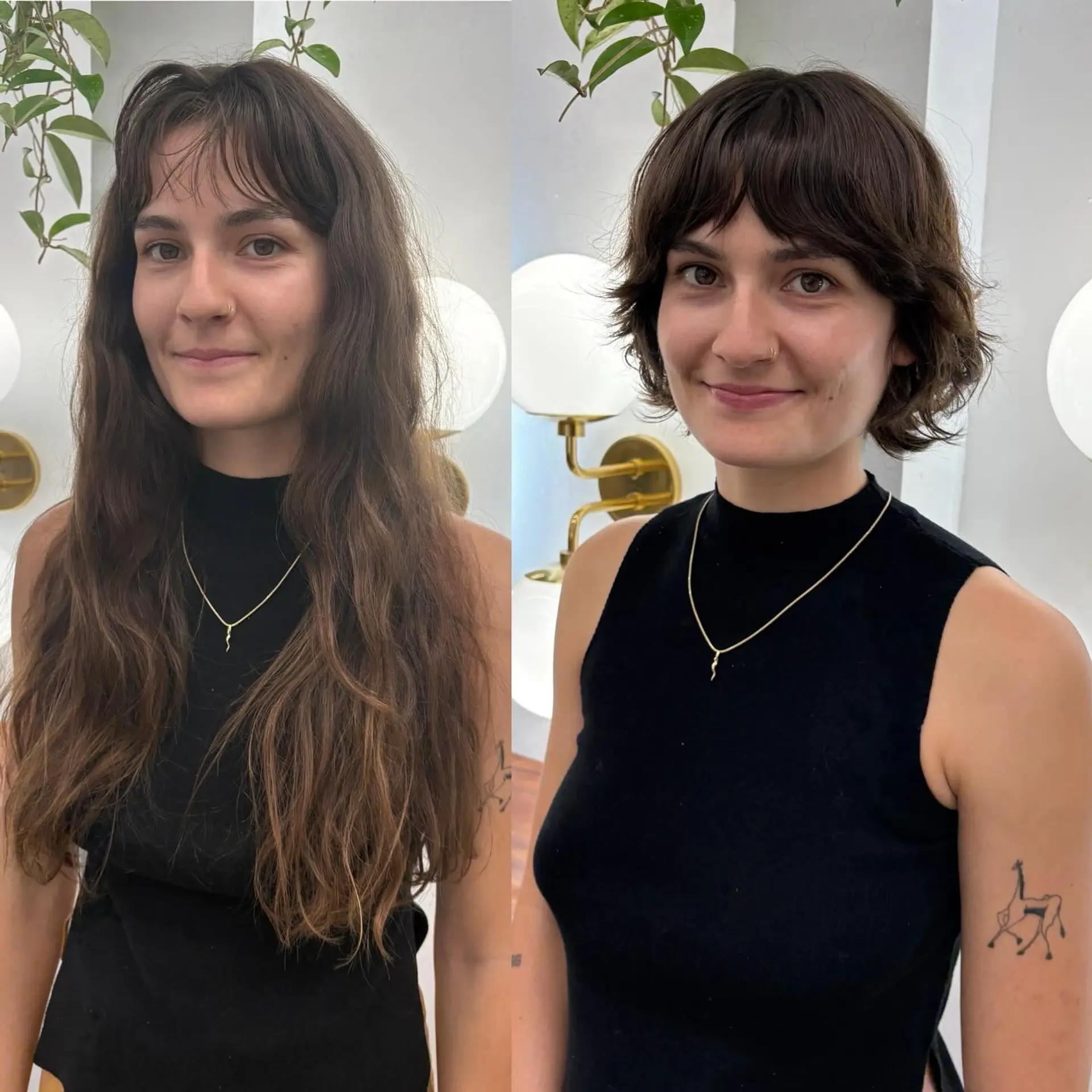 A dramatic before-and-after transformation into a textured short bixie cut with soft, wispy bangs. 1
