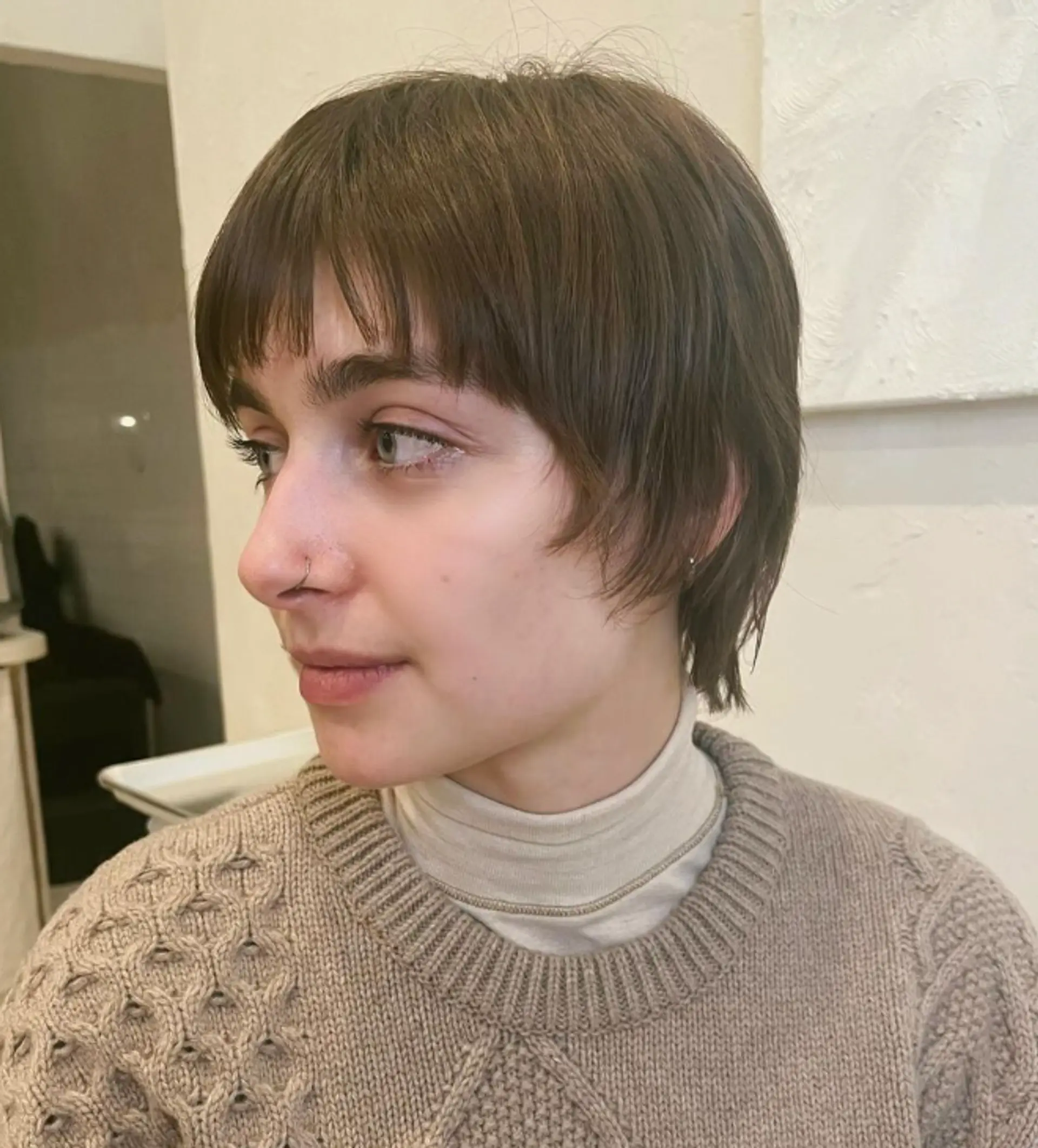 This short, straight hairstyle features a chic pixie bob cut with layered, tousled brown hair. The soft fringe sits just above the eyebrows, giving a relaxed and casual look.

Stylist: @reina_hair_ny
 1
