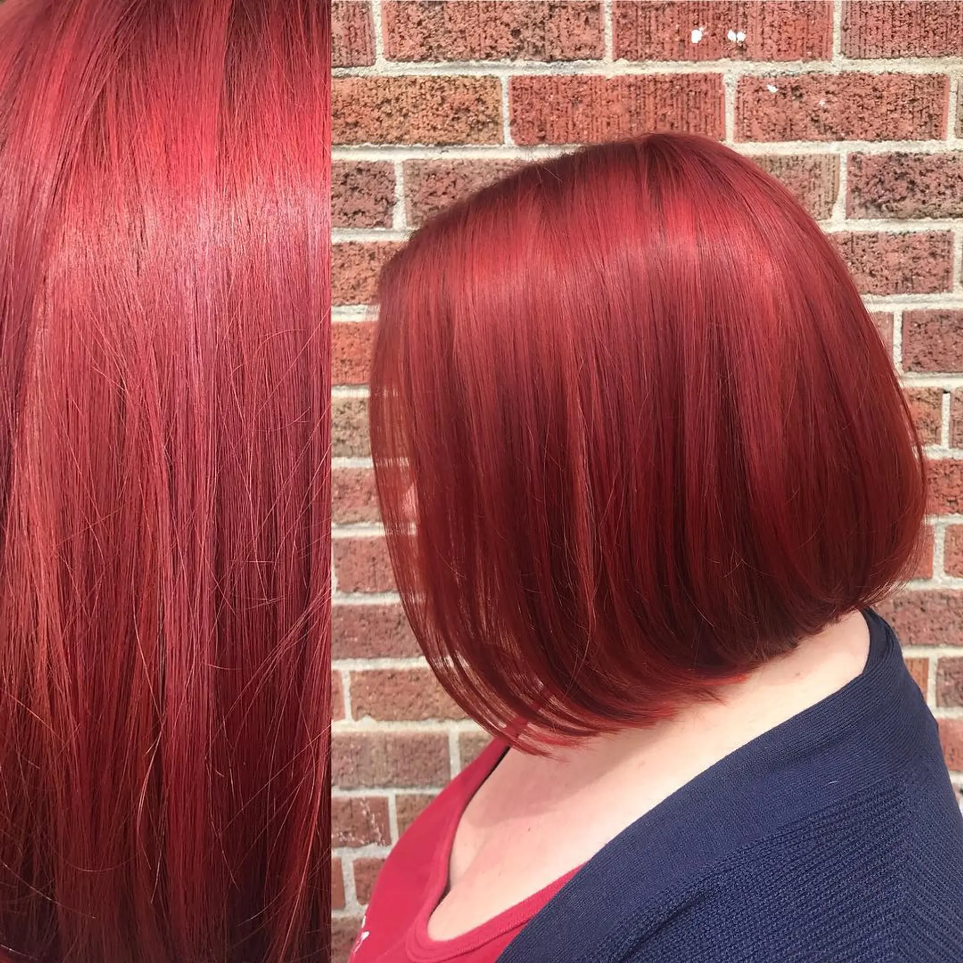 A sleek, vibrant red angled bob cut with smooth straight styling that softly cups the jawline. 1