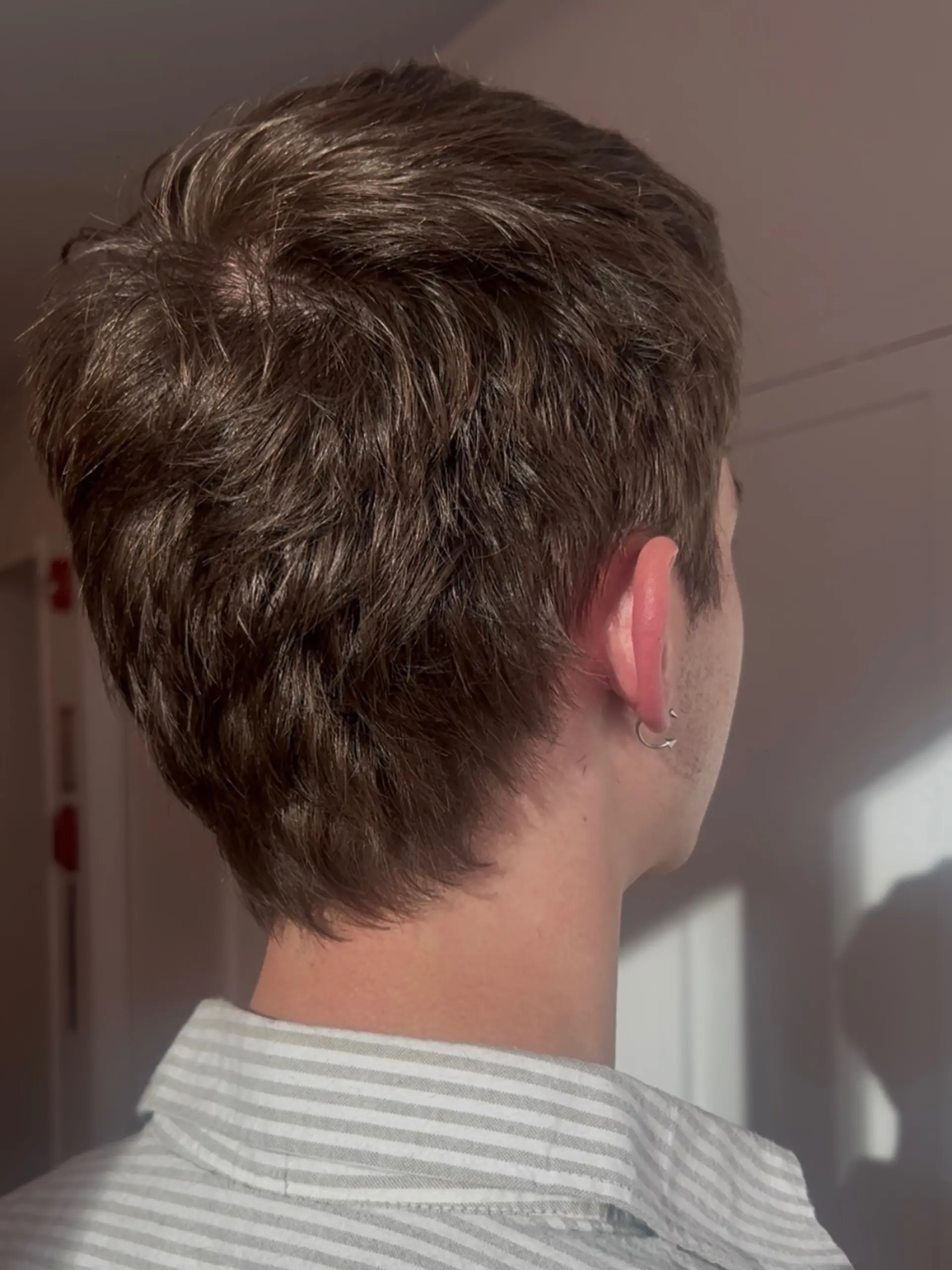 A textured short haircut with layered piecey styling and a tapered neck. 1