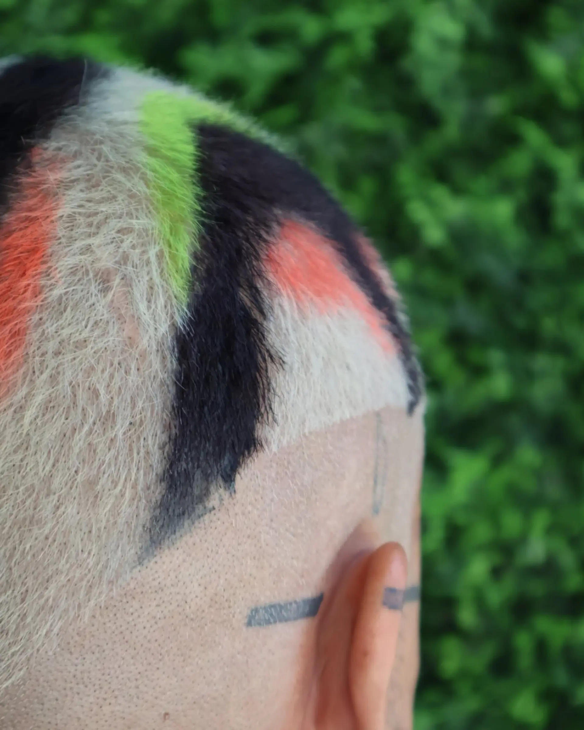 A buzzcut with color block sections of black, orange, and green. 5